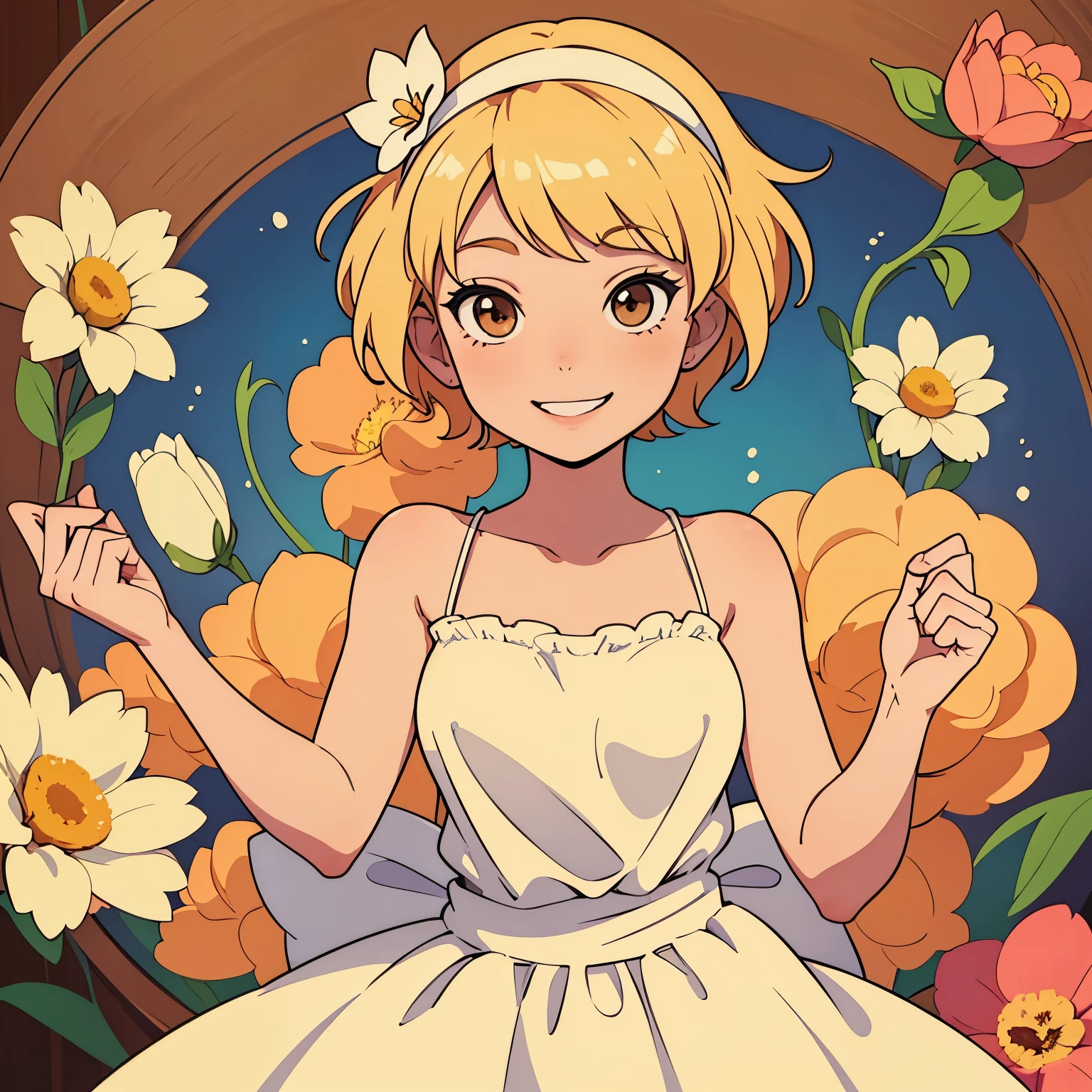 1girl, peach skin, blonde hair, short hair, white headband, brown eyes, skinny, lanky, cheery, bubbly,  cute face, wide smile, flower dress