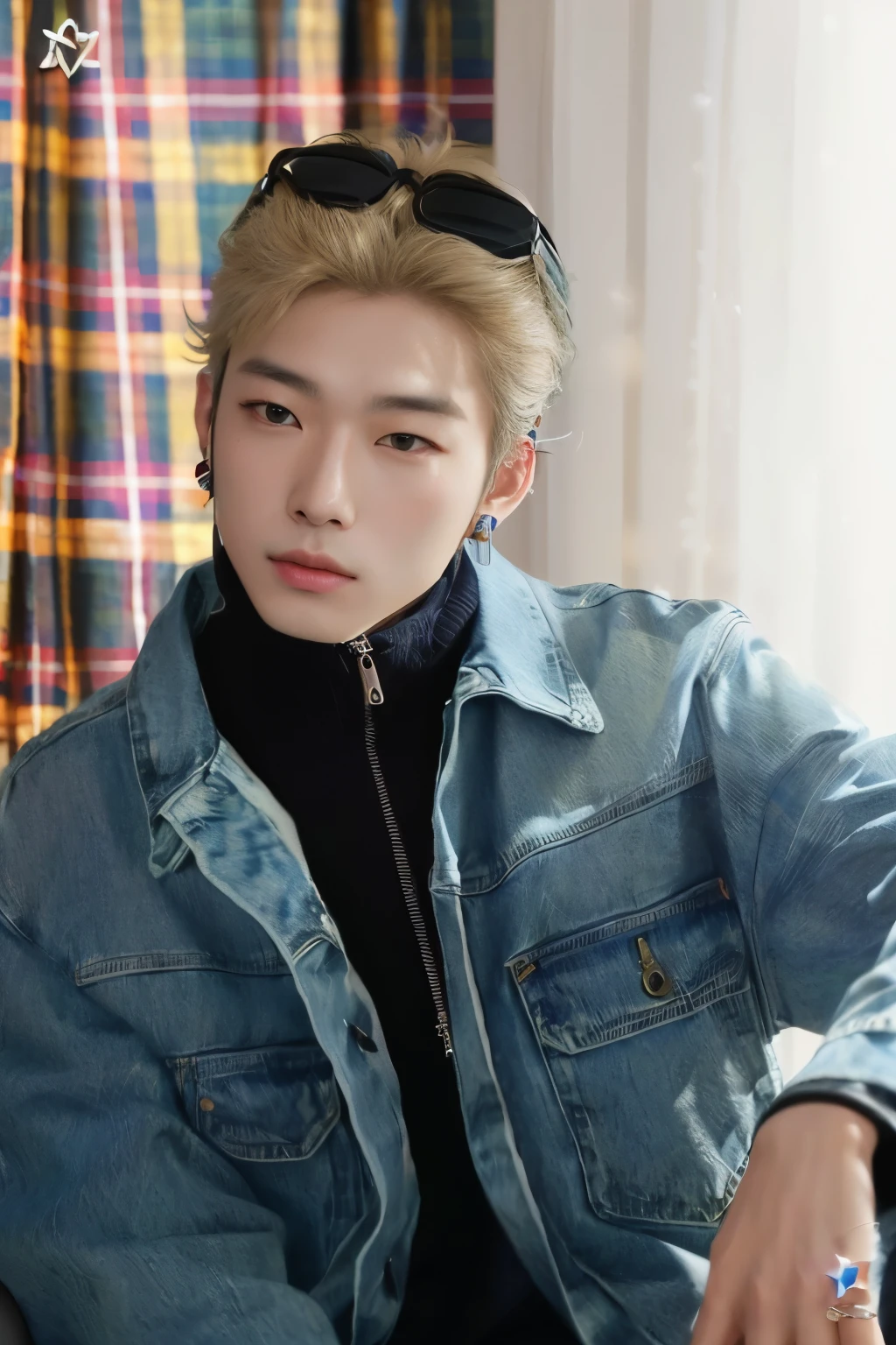 Arafed man in a denim jacket and sunglasses sitting on a sofa., Jung Jaehyun, pintar ulzzang, cai xukun, inspirado en jeonseok lee, Realista. cheng yi, xqc, inspirado en Yanjun Cheng, inspirado por Zhang Han, obra de arte al estilo de guweiz, inspirado en Kim Deuk-sin, TaeJune Kim