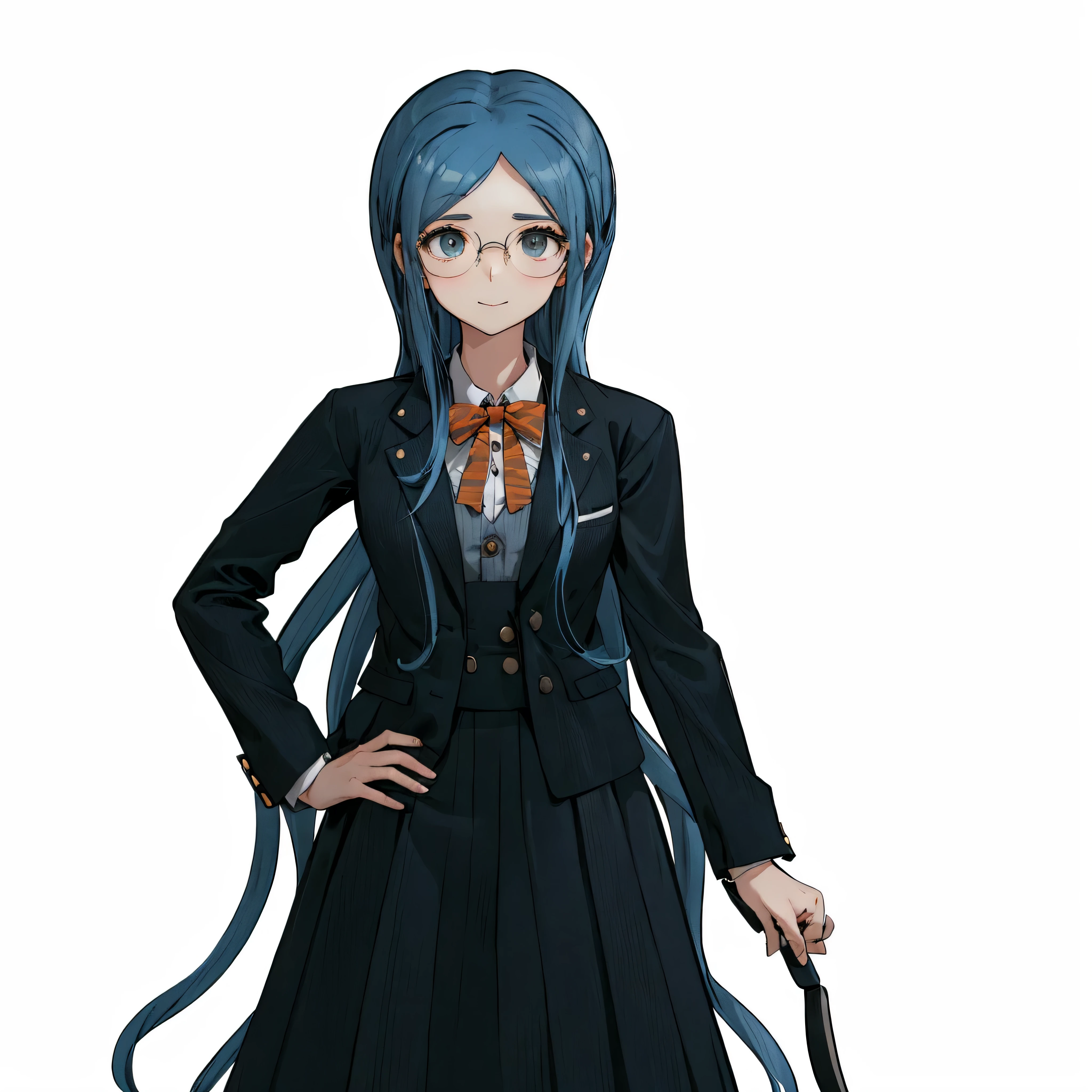 Tall young girl with long blue hair, reaching to the knees. Right at the roots, they curl towards the ends. cumugi'his eyes are round, soft blue color. She wears small oval glasses..
consists of a long skirt to the knees, decorated with six white buttons at the waist and supported by suspenders., orange bow on chest, White shirt, black knee socks and gray shoes. She is also most often depicted wearing a black unbuttoned jacket..., decorated with the same white buttons. The girl smiles sweetly