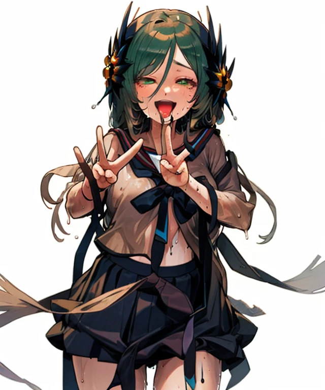 1 girl, ah, roll your eyes, tongue,
cowboy shot, serafuku, skirt, double peace sign, smile, saliva, alone, Sweat, drooling, white background、naked、