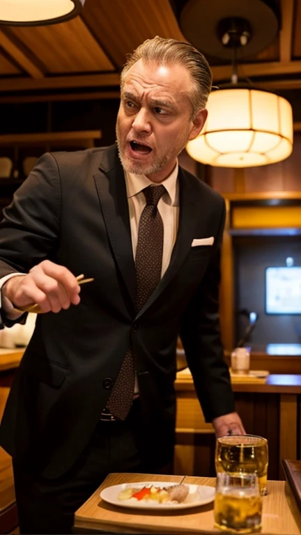 A drunk white man in a suit complains with an angry expression at a sushi restaurant