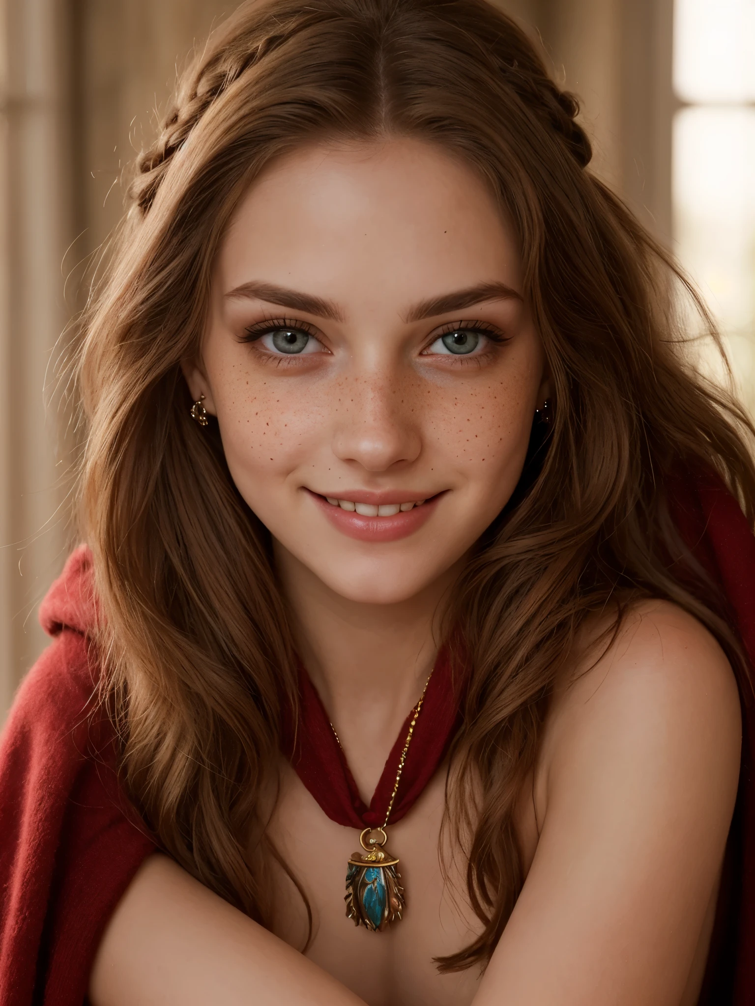 (Realistic:1.2), photorealistic atractive beautiful woman with braided ginger hair, brown eyes, little freckles. wearing a Gryffindor scarf, magical wand, leg warmers, cute sexy, nudist, feminine pose, in a Hogwarts, cinematic lighting, ethereal light, intricate details, extremely detailed, full colored, complex details, insanely detailed and intricate, hypermaximalist, rich colors. cinematic, smiling, vivid colors, detailed beautiful eyes and perfect face, rim light, 16k, best quality