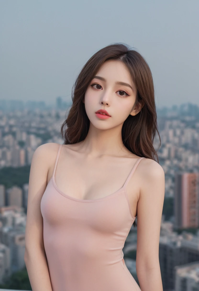 tonned girl, beautiful teenager, parted lips, puffy lips, ultrarealistic eyes, pink lipstick, (black tight bodysuit: 1), masterpiece, (best quality:1, 5), perfect lighting, very detailed, uhd, hdr, city background, big anime eyes, ultrarealistic anime style, flat chest, thight cut, cameltoe