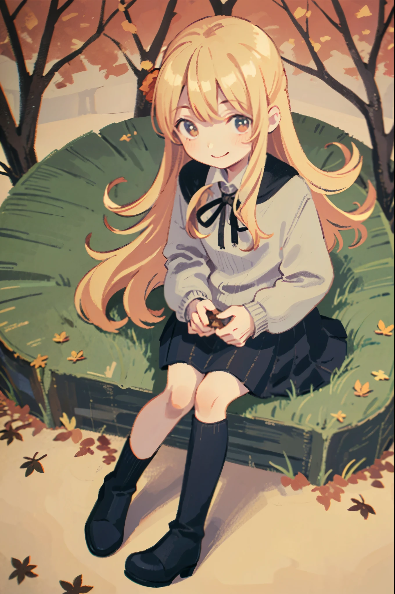 rating:safe, 1girl, autumn_leaves, solo, sitting, blonde_hair, autumn, leaf, black_footwear, hair_ornament, aki_shizuha, looking_at_viewer, socks, maple_leaf, skirt, outdoors, tree, smile, boots