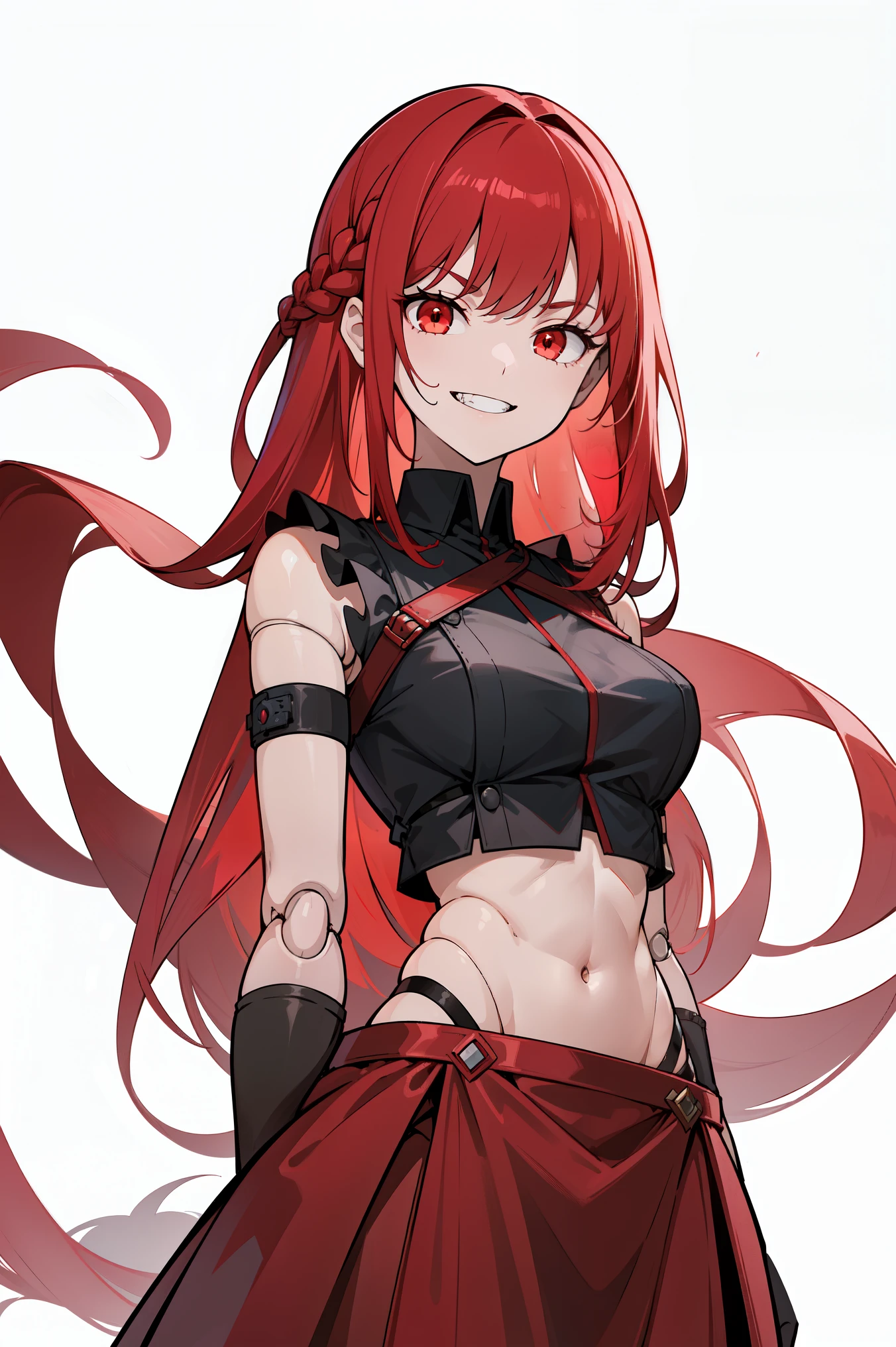 masterpiece, best quality, ultra high quality, high quality illustration, (from below), 1girl, solo, crimson red hair, very long hair, french braid, single sidelock, red eyes, glowing eyes, medium breasts, mature girl, grin, evil smile, (pointy teeth), evil face, mischievous, crop top, sleeveless shirt, (gloves), (doll joints, dollgirl), looking at viewer, ((hands behind back)), (glowing light), white background, simple background 