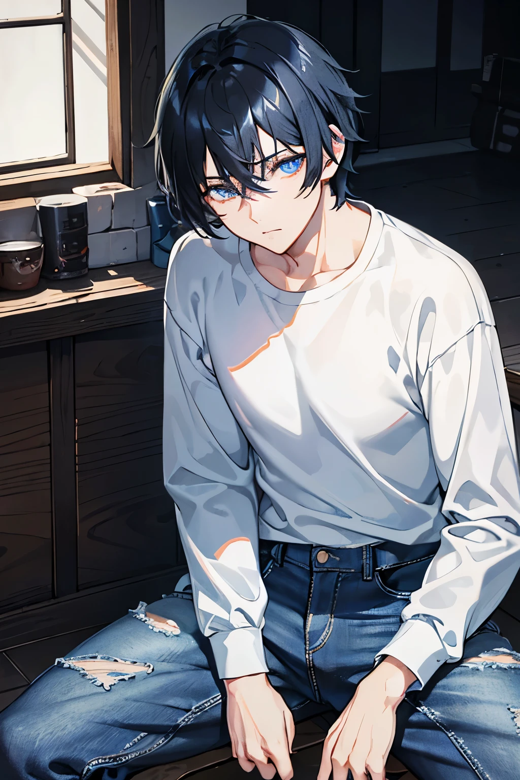 male black hair blue eyes short hair cool jeans trainer long sleeve one person Sit down to eat ancient folk house masterpiece Highest image quality noise removal clear parts cinematic shadow Increased attractiveness of the eyes clear parts the shine of the eyes Draw eyelashes neatly perfect eyes detailed eyes Sharpen image quality Sharpen eye writing clear parts eye shape
