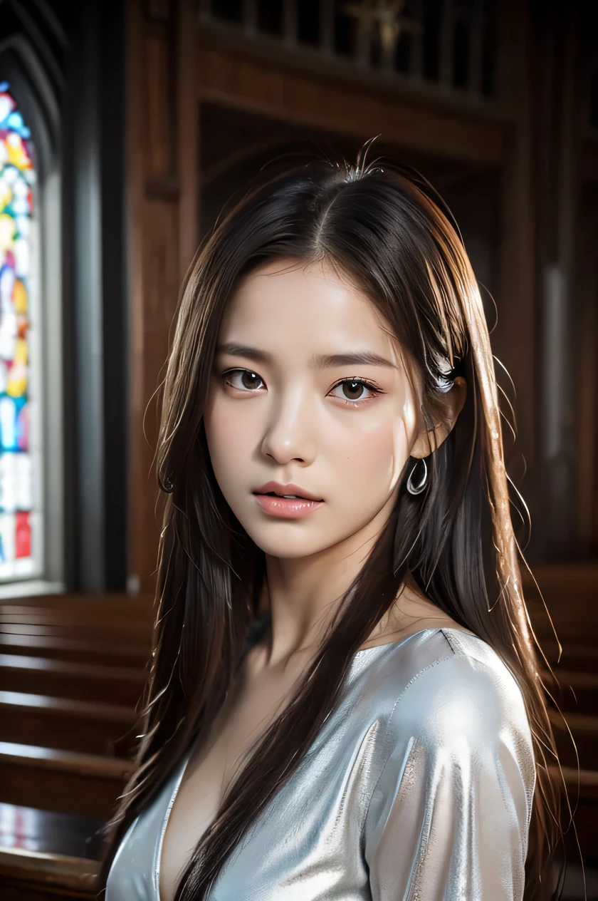 The beauty of 8K raw photos:2.0, long hair,, great face and dark eyes, stare at the camera, Expressionless, (Silver Dresses:1.2), realistic:1.9, very detailed CG 統合 8k 壁紙, very detailed, High resolution RAW color photos, cowboy shot, professional photos, Photographed inside the church, girl sexy portrait