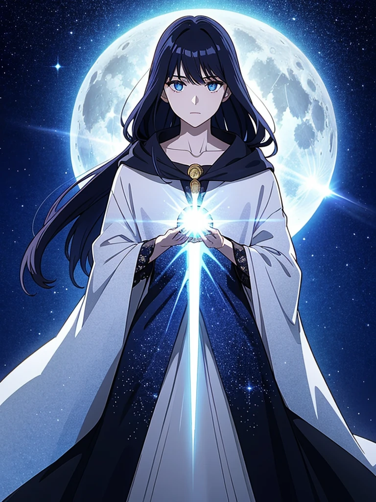 Purified Eclipse is a mysterious figure with a complexion that seems to absorb and reflect the light around him. His midnight-black hair cascades like a shadowy veil, framing his enigmatic face. His eyes, deep pools of sapphire, emit an ethereal glow that mirrors the phases of the moon. Purified Eclipse has an otherworldly presence, and his every movement exudes an aura of tranquility and mystique.He wears a long, flowing cloak crafted from celestial fabric that shimmers like the night sky, adorned with intricate silver embroidery resembling constellations. Underneath, he dons a simple yet elegant attire, incorporating deep indigo and silver hues. A pendant, crafted from a rare lunar gem, hangs from his neck, emitting a gentle radiance.