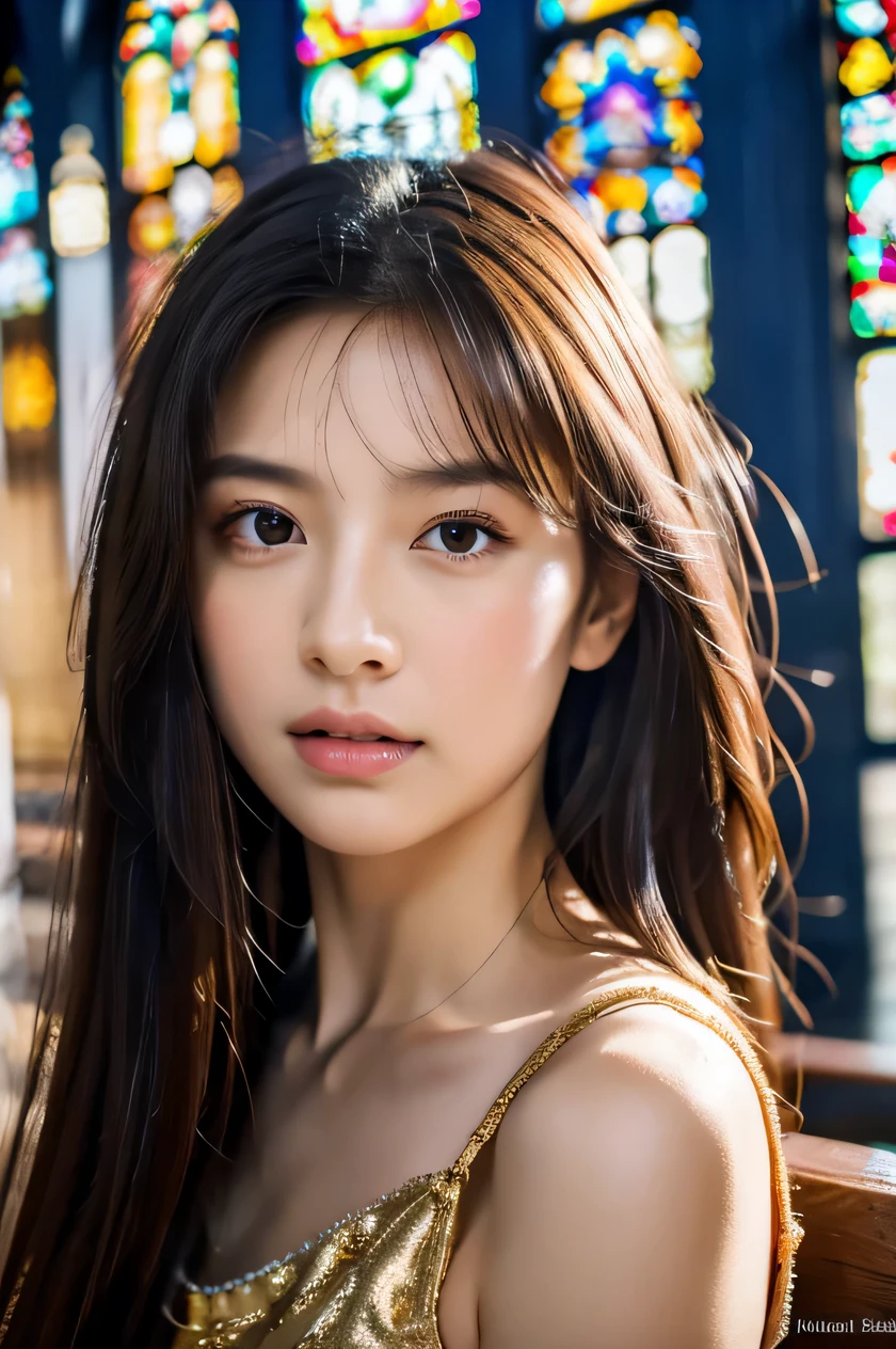 The beauty of 8K raw photos:2.0, long hair,, great face and dark eyes, stare at the camera, Expressionless, (golden dress:1.2), realistic:1.9, very detailed CG 統合 8k 壁紙, very detailed, High resolution RAW color photos, cowboy shot, professional photos, Photographed inside the church, girl sexy portrait