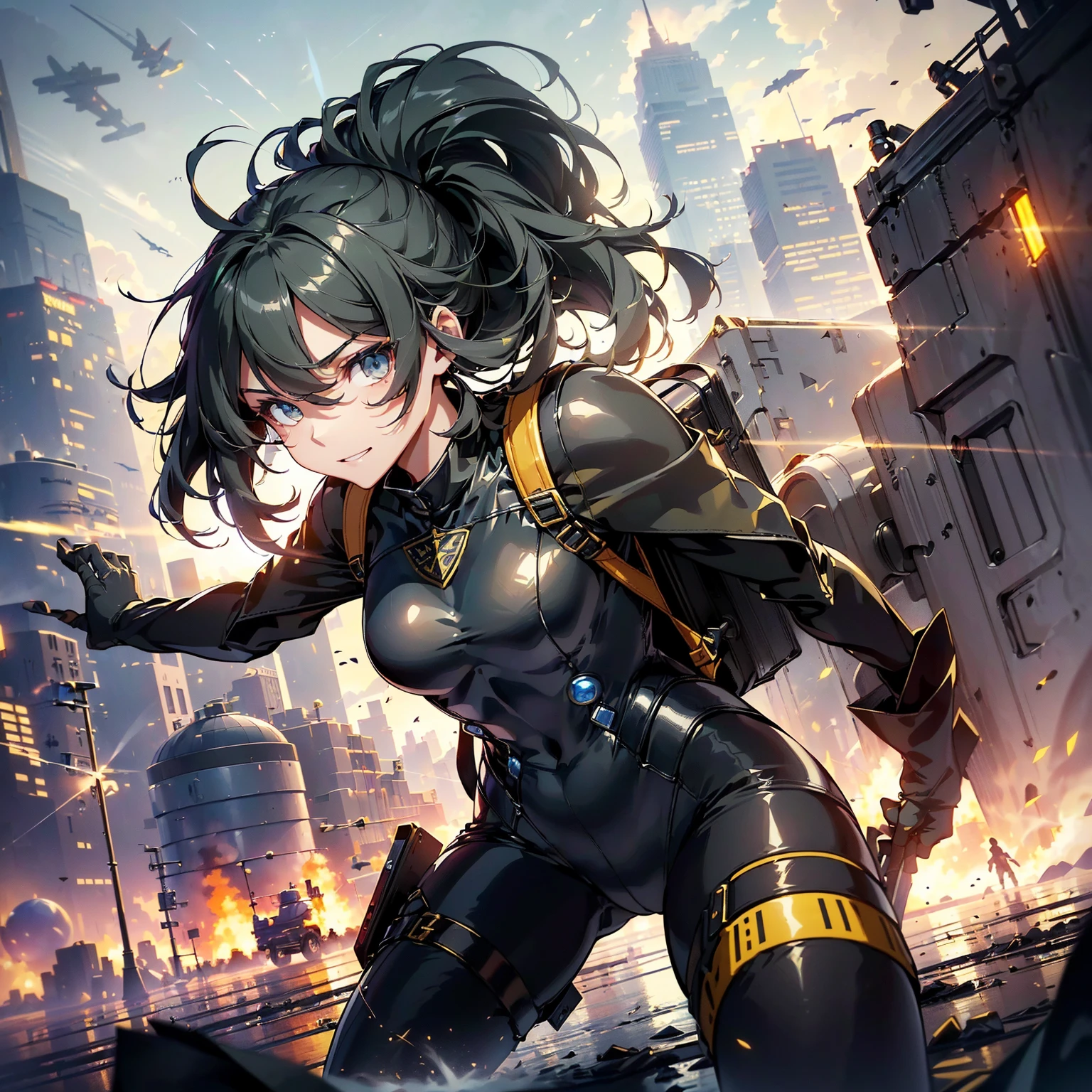 (highest quality，T Masterpiece，final solution，whole body、album):(18 year old female fighter，Slender、very slim、small face、small face、cute、Black Super Short Hair、Ahoge、Shiny black tight combat uniform，Glossy tight suit，jump、dynamic angle、dynamic action、(dynamic pose:1.2)、normal posture，normal posture、Gentle smile、(Backpack:1.1))、(Time Machine、Computer、skyscraper gun、weapons of the future、Real World、Plankton rattle field、volumetric fog、gray fog、cigarette、 explosion、apocalyptic、destroyed city background、burning building:1.3、starry ski、huge moon、Earth、destroyed giant robot、radio tower、airplane flying overhead、shooting star rocket truck、broken car、derailed train、tank、giant weapon、electronic equipment、Luminous mechanism、strong wind、bao phan、thunder、light、halo)