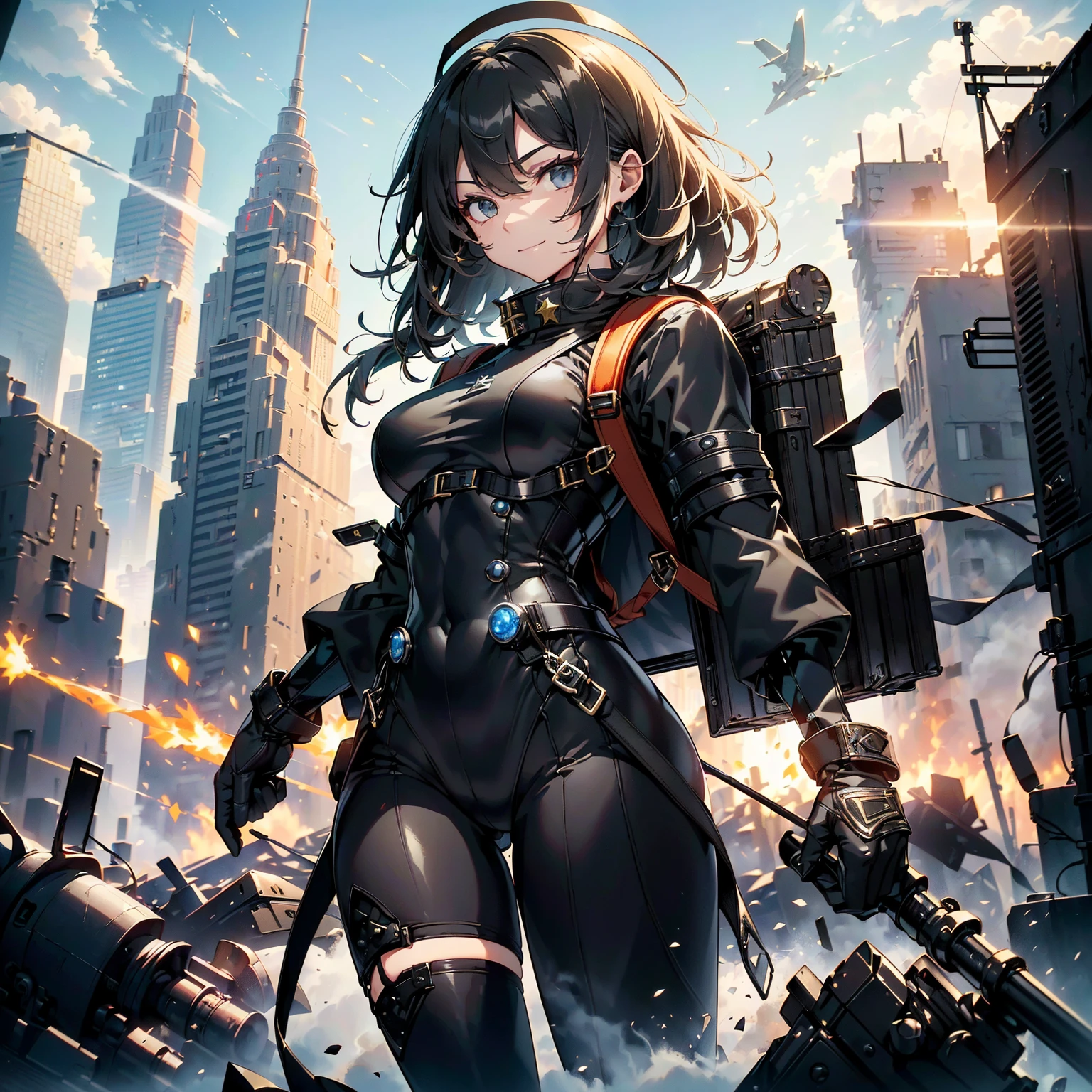 (highest quality,T Masterpiece,final solution,whole body、album):(18 year old female fighter,Slender、very slim、small face、small face、cute、Black Super Short Hair、Ahoge、Shiny black tight combat uniform,Glossy tight suit,jump、dynamic angle、dynamic action、(dynamic pose:1.2)、normal posture,normal posture、Gentle smile、(Backpack:1.1))、(Time Machine、Computer、skyscraper gun、weapons of the future、Real World、Plankton rattle field、volumetric fog、gray fog、cigarette、 explosion、apocalyptic、destroyed city background、burning building:1.3、starry ski、huge moon、Earth、destroyed giant robot、radio tower、airplane flying overhead、shooting star rocket truck、broken car、derailed train、tank、giant weapon、electronic equipment、Luminous mechanism、strong wind、bao phan、thunder、light、halo)