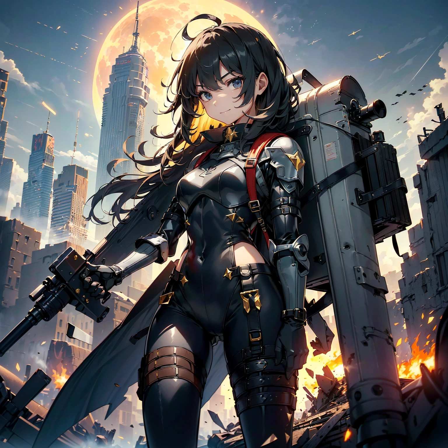 (highest quality，T Masterpiece，final solution，whole body、album):(18 year old female fighter，Slender、very slim、small face、small face、cute、Black Super Short Hair、Ahoge、Shiny black tight combat uniform，Glossy tight suit，jump、dynamic angle、dynamic action、(dynamic pose:1.2)、normal posture，normal posture、Gentle smile、(Backpack:1.1))、(Time Machine、Computer、skyscraper gun、weapons of the future、Real World、Plankton rattle field、volumetric fog、gray fog、cigarette、 explosion、apocalyptic、destroyed city background、burning building:1.3、starry ski、huge moon、Earth、destroyed giant robot、radio tower、airplane flying overhead、shooting star rocket truck、broken car、derailed train、tank、giant weapon、electronic equipment、Luminous mechanism、strong wind、bao phan、thunder、light、halo)