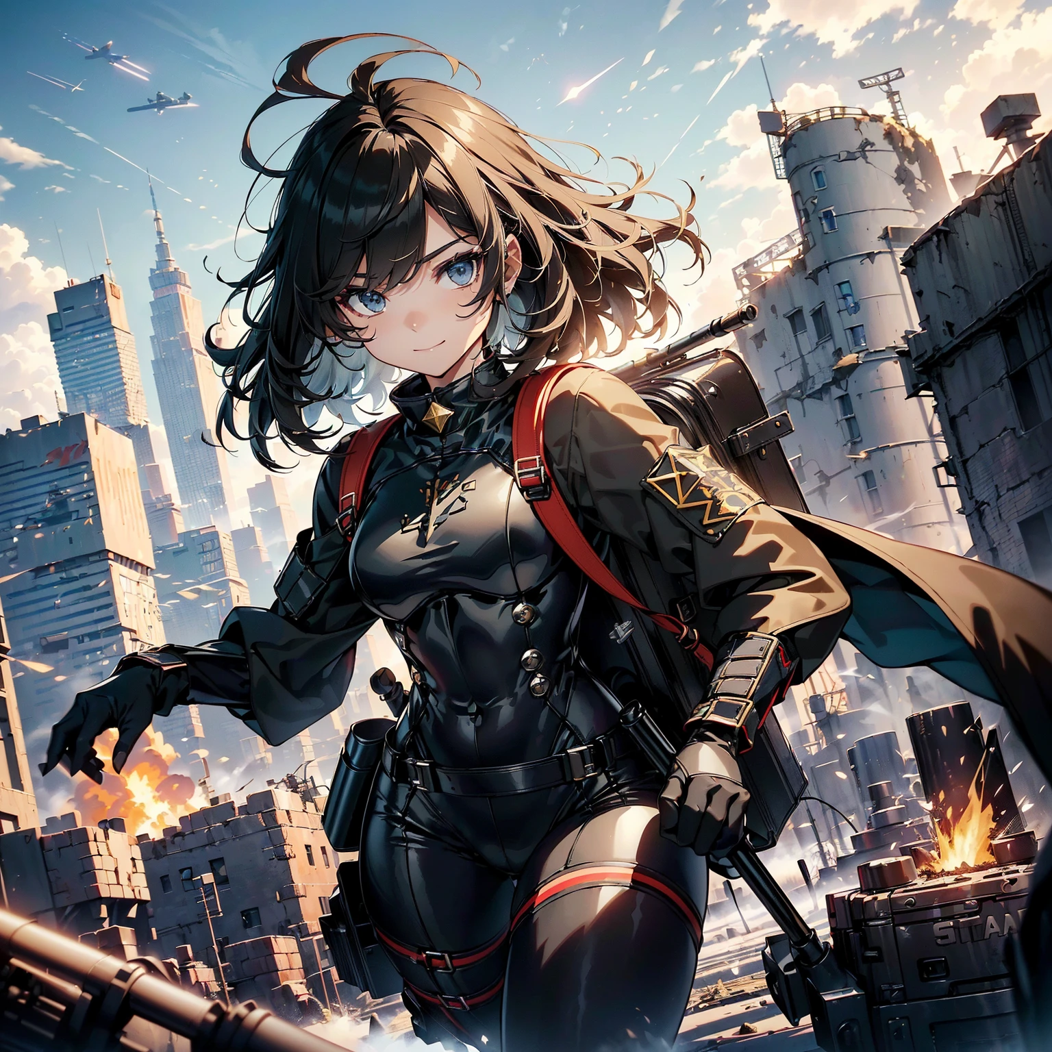 (highest quality,T Masterpiece,final solution,whole body、album):(18 year old female fighter,Slender、very slim、small face、small face、cute、Black Super Short Hair、Ahoge、Shiny black tight combat uniform,Glossy tight suit,jump、dynamic angle、dynamic action、(dynamic pose:1.2)、normal posture,normal posture、Gentle smile、(Backpack:1.1))、(Time Machine、Computer、skyscraper gun、weapons of the future、Real World、Plankton rattle field、volumetric fog、gray fog、cigarette、 explosion、apocalyptic、destroyed city background、burning building:1.3、starry ski、huge moon、Earth、destroyed giant robot、radio tower、airplane flying overhead、shooting star rocket truck、broken car、derailed train、tank、giant weapon、electronic equipment、Luminous mechanism、strong wind、bao phan、thunder、light、halo)