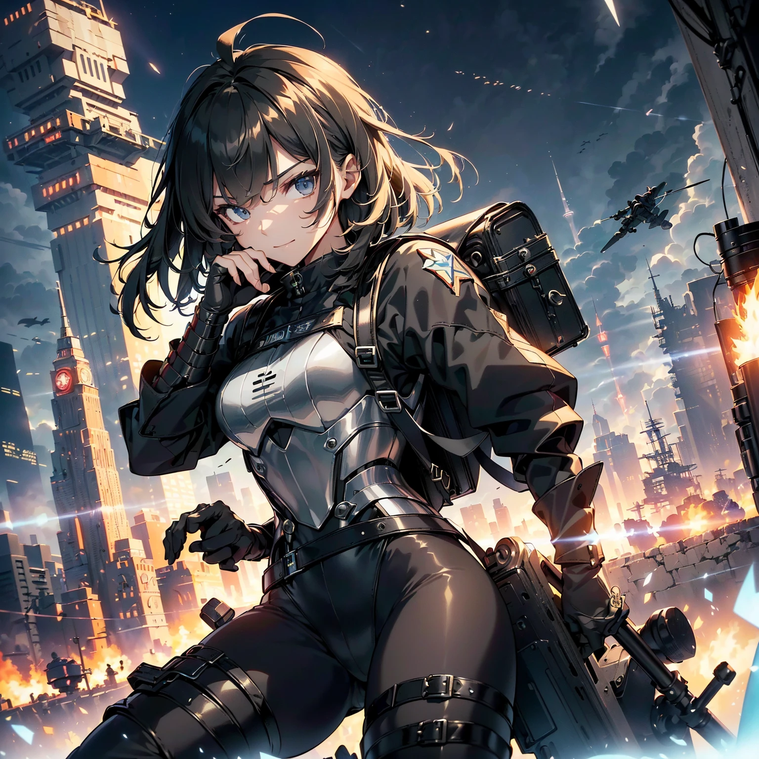(highest quality,T Masterpiece,final solution,whole body、album):(18 year old female fighter,Slender、very slim、small face、small face、cute、Black Super Short Hair、Ahoge、Shiny black tight combat uniform,Glossy tight suit,jump、dynamic angle、dynamic action、(dynamic pose:1.2)、normal posture,normal posture、Gentle smile、(Backpack:1.1))、(Time Machine、Computer、skyscraper gun、weapons of the future、Real World、Plankton rattle field、volumetric fog、gray fog、cigarette、 explosion、apocalyptic、destroyed city background、burning building:1.3、starry ski、huge moon、Earth、destroyed giant robot、radio tower、airplane flying overhead、shooting star rocket truck、broken car、derailed train、tank、giant weapon、electronic equipment、Luminous mechanism、strong wind、bao phan、thunder、light、halo)