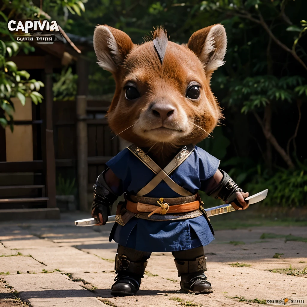 Capivara fantasiada com uma vestinenta traducional de samurai, com uma espada katana