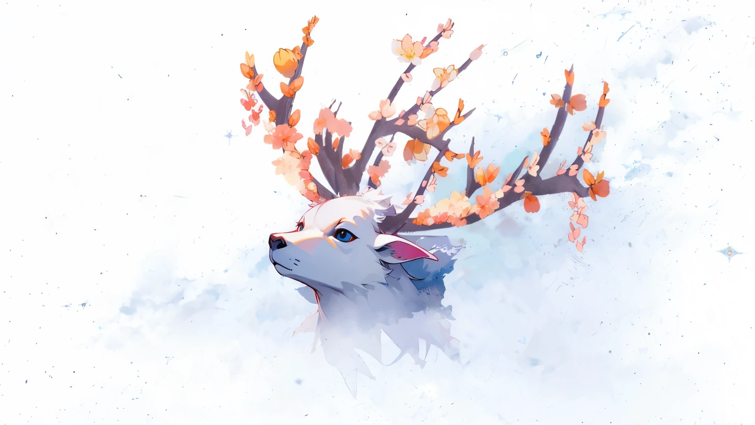 A white deer with antlers, blue antlers, flowers on antlers, pure white stag, fantasy, cold tones, mythical creatures, watercolor style