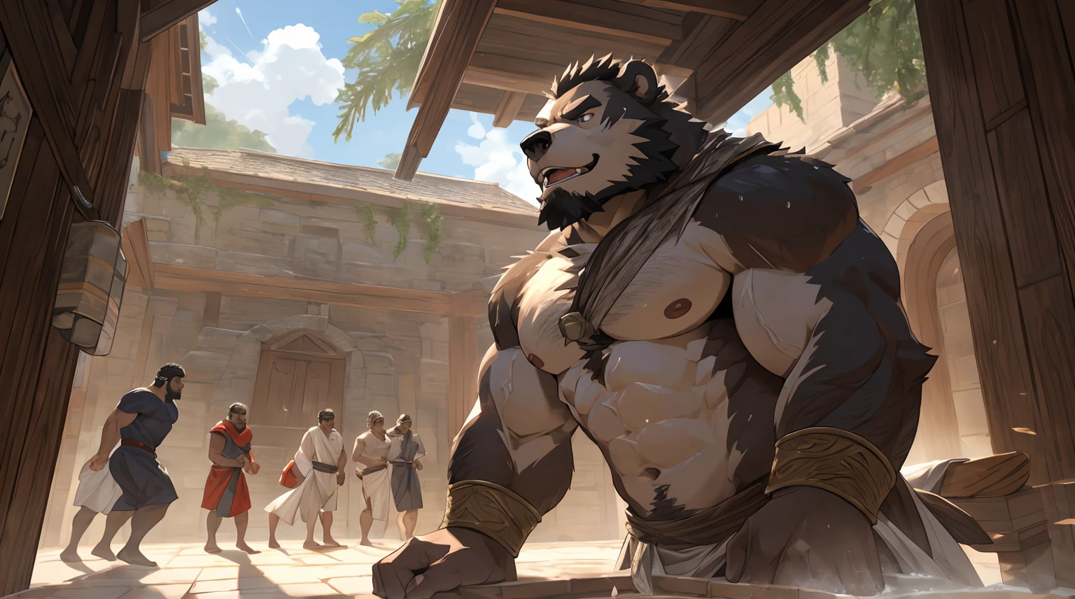 human nature((dramatic))epic, dynamic poses, dynamic angle, a scene in, Extreme perspective and powerful composition, ridiculous, (super detailed), sharp focus, Genji, Eye, black Eye, hairy, brown fur, Black and brown fur, Blackbeard, human nature (brown bear), male, middle aged, gray body, white belly, muscular, super detailed face, (delicate Eye), 1 boy, Take a shower in a medieval bathhouse, Use of towels, ?????, (??????(1.2))motion blur, (best quality), (masterpiece), high detail, high quality, Award-winning, high resolution, HD, 16k, Yes, (close up:1.5)