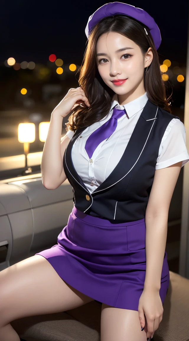 (((full body,including legs、sitting down,opened legs apart)))、(((perfect uniform of Japanese stewardess, perple uniform,necktie, purple vest-dress uniform、purple small hat, (black high-heel), little smile,white blouse,tight blouse、purple tight skirt))), white gloves, short gloves, high heel、(((transparant nipples,stands out nipples))),Dressed up、(Photo real:1.4)、(A hyper-realistic:1.4)、(Photorealistic:1.3)、 (gentle lighting: 1.05)、(Improve the lighting quality of your video:0.9)、32k、 1Girl、28years old girl、photorealistic lighting、Back lighting、Facial Lights、Ray Trace、(bright:1.2)、(Increase quality:1.4)、 (best quality real texture skin)、Fair eyes,Delicate and delicate face, Close-up of the breasts, white blouse,tight blouse,tight jump-skirt , (Bodyline mood improvement:1.1)、Glossy skin、wavy hair,blonde hair,韓国アイドル、乃木坂アイドル、Sculptural Idol Pose、little smile,blush,Beautiful actress、Neat woman,whole body, (((midium breasts,beautiful breasts))),(perfect row of teeth),slender waist and hip,beautiful long legull shot)、((8heads tall)、(((誘惑している、恥ずかしい)))、dynamic pose,gravure pose,(eye shadow),((red cheek、red lips)),Super Clean Night View、night time、blush,little smile,(((full shot)))、Super Clean Night View、night time、blush,little smile,(((in the air plane))),