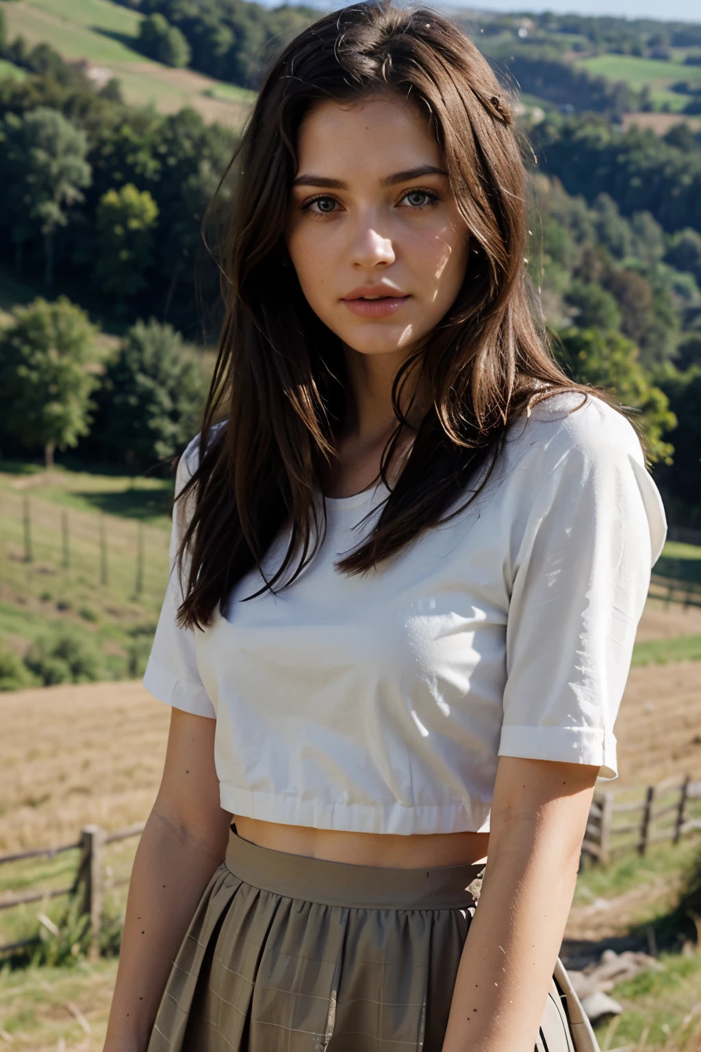 generate me a brunette model on a hill dressed like a countryside girl 