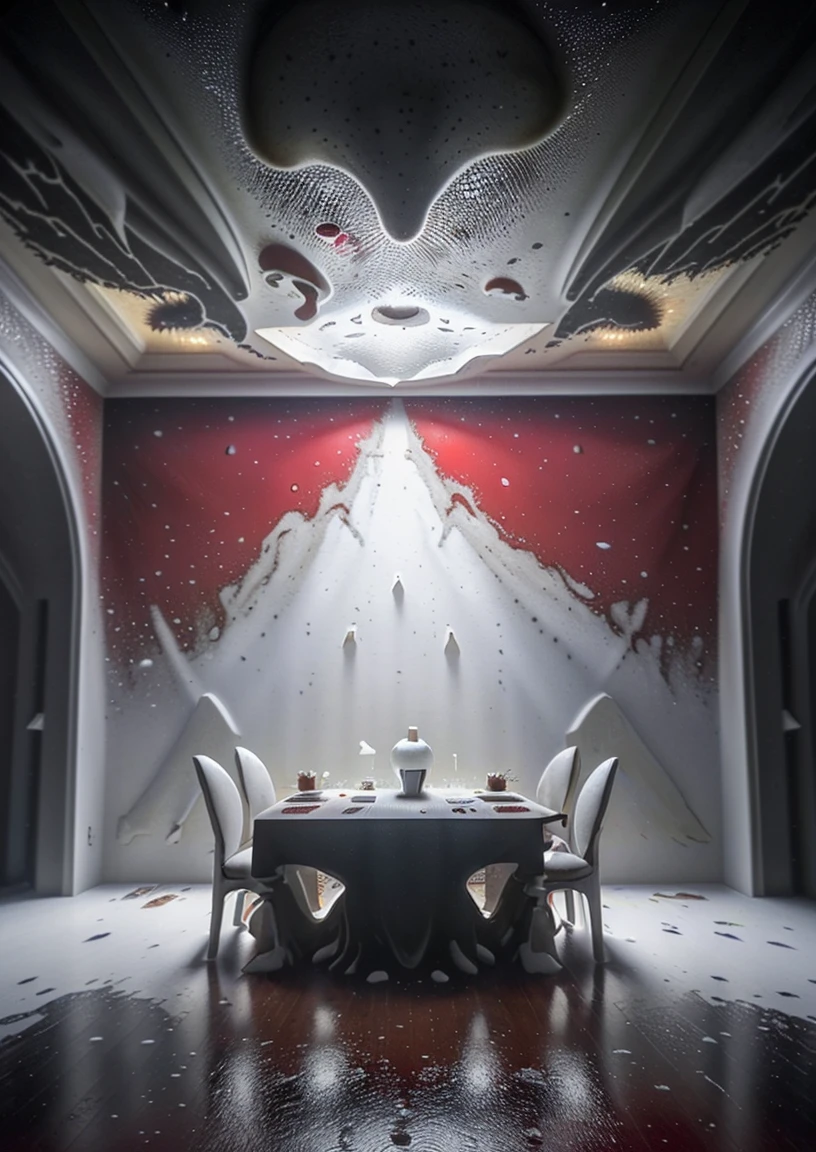 there is a red table with a black surface and a white table top, spores floating in the air, water particle in front, white fungal spores everywhere, water stains, dust and scratches, acryllic spill, paint is falling off, water on the floor, spores, glue dropping, dusty floor, glowing spores flying, droplets on the walls