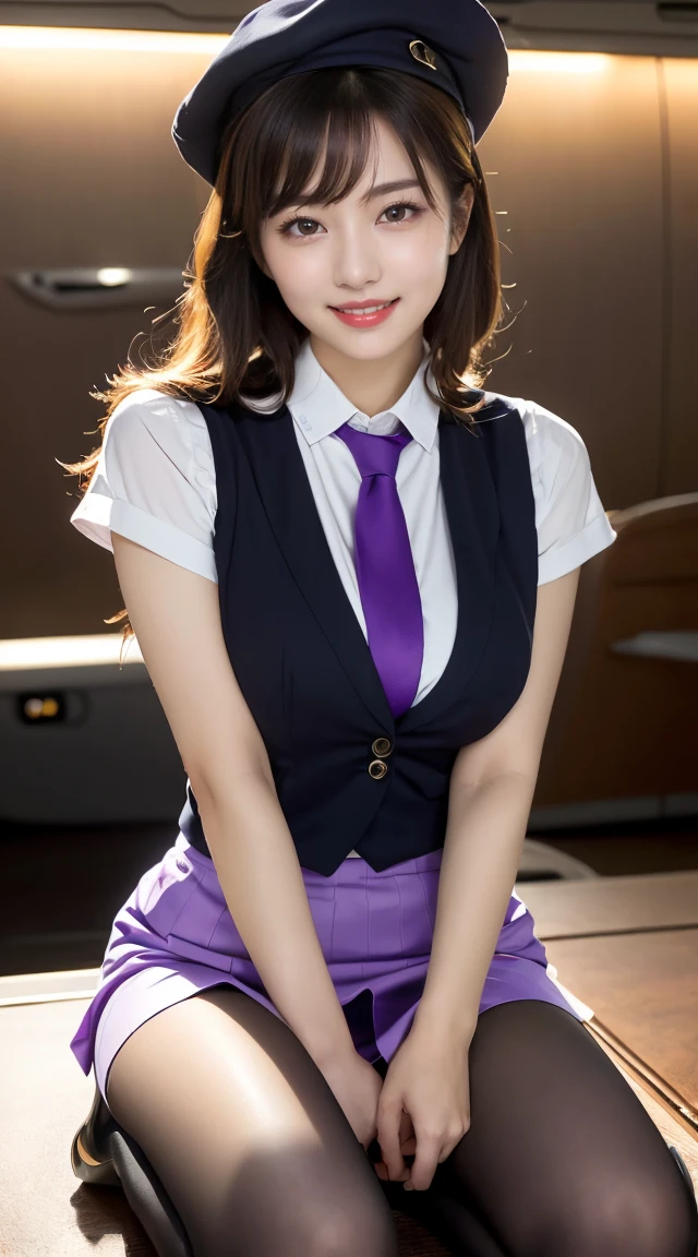 (((full body,including legs、sitting down,opened legs apart)))、(((perfect uniform of Japanese stewardess, perple uniform,necktie, purple vest-dress uniform、purple small hat, (black high-heel),  little smile,white blouse,tight blouse、purple tight skirt))), white gloves, short gloves,  high heel、(((transparant nipples,stands out nipples))),Dressed up、(Photo real:1.4)、(A hyper-realistic:1.4)、(Photorealistic:1.3)、 (gentle lighting: 1.05)、(Improve the lighting quality of your video:0.9)、32k、 1Girl、28years old girl、photorealistic lighting、Back lighting、Facial Lights、Ray Trace、(bright:1.2)、(Increase quality:1.4)、 (best quality real texture skin)、Fair eyes,Delicate and delicate face, Close-up of the breasts, white blouse,tight blouse,tight jump-skirt , (Bodyline mood improvement:1.1)、Glossy skin、wavy hair,blonde hair,韓国アイドル、乃木坂アイドル、Sculptural Idol Pose、little smile,blush,Beautiful actress、Neat woman,whole body, (((midium breasts,beautiful breasts))),(perfect row of teeth),slender waist and hip,beautiful long legull shot)、((8heads tall)、(((誘惑している、恥ずかしい)))、dynamic pose,gravure pose,(eye shadow),((red cheek、red lips)),Super Clean Night View、night time、blush,little smile,(((full shot)))、Super Clean Night View、night time、blush,little smile,(((in the air plane))),