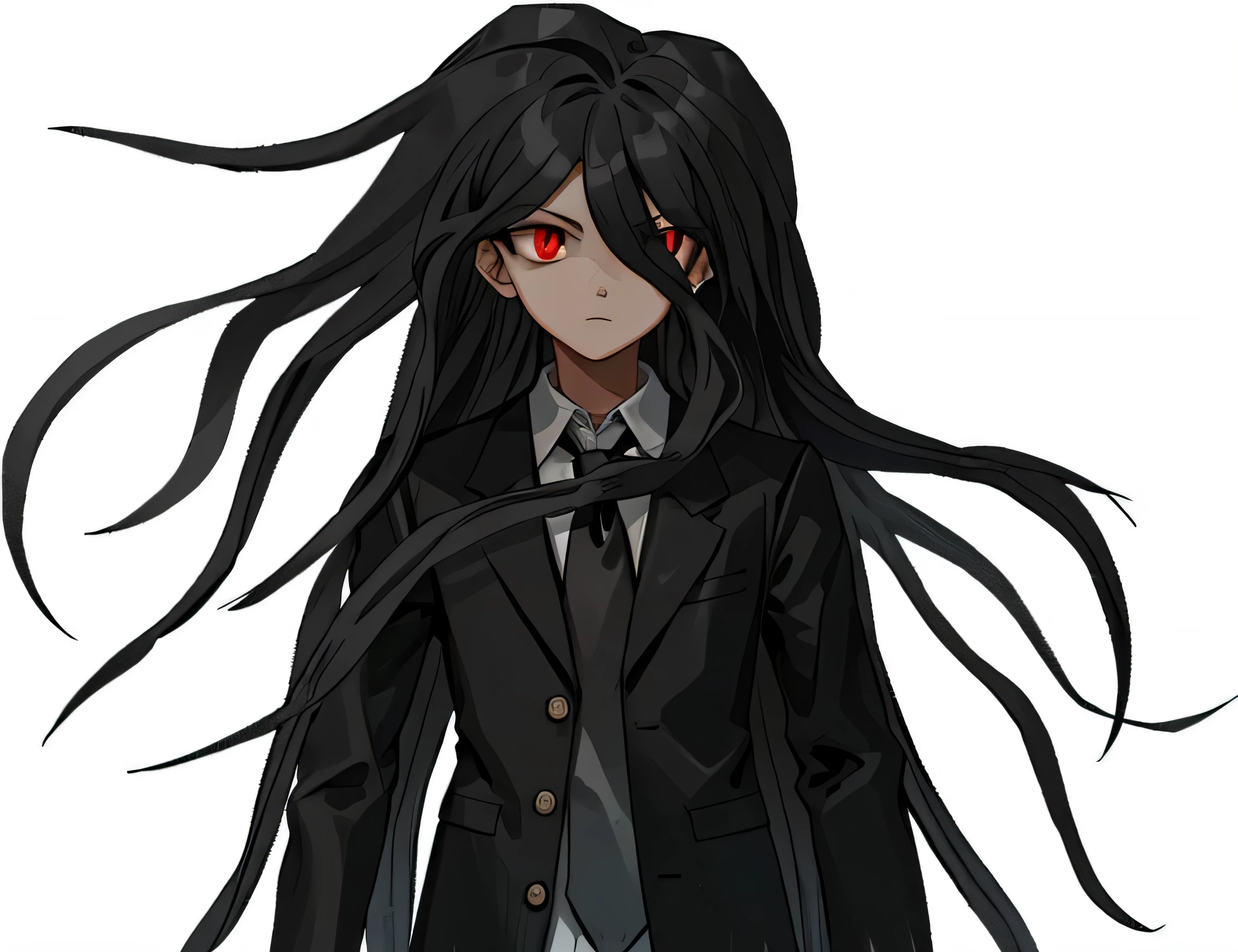 boy, black long hair, Red eyes, White shirt, black tie, black jacket, Gloomy look