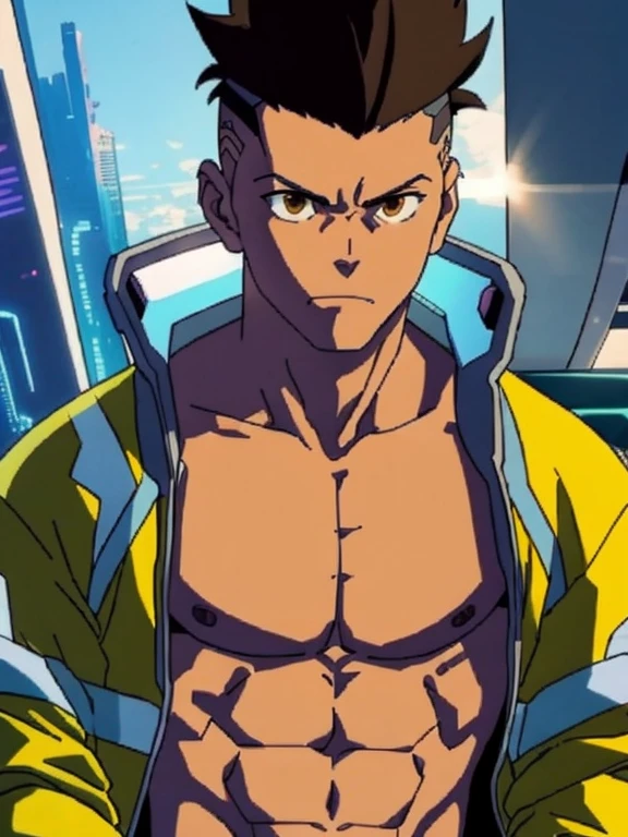 cyberpunk, david martinez, futurism city , solo, brown_eyes, anime, serious, black_hair, male_focus, shirtless,nipples, forehead, , yellow jacket, upper_body, 1boy,