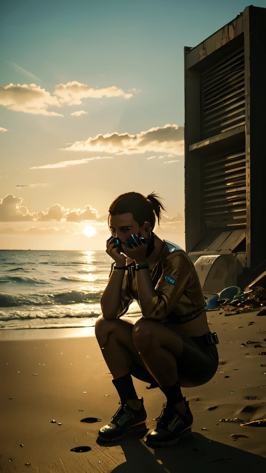 sad rich bussiness yooungg female cyberpunk,sad on a beach, sunny, crying, paiting, sun,, cyberpunk 