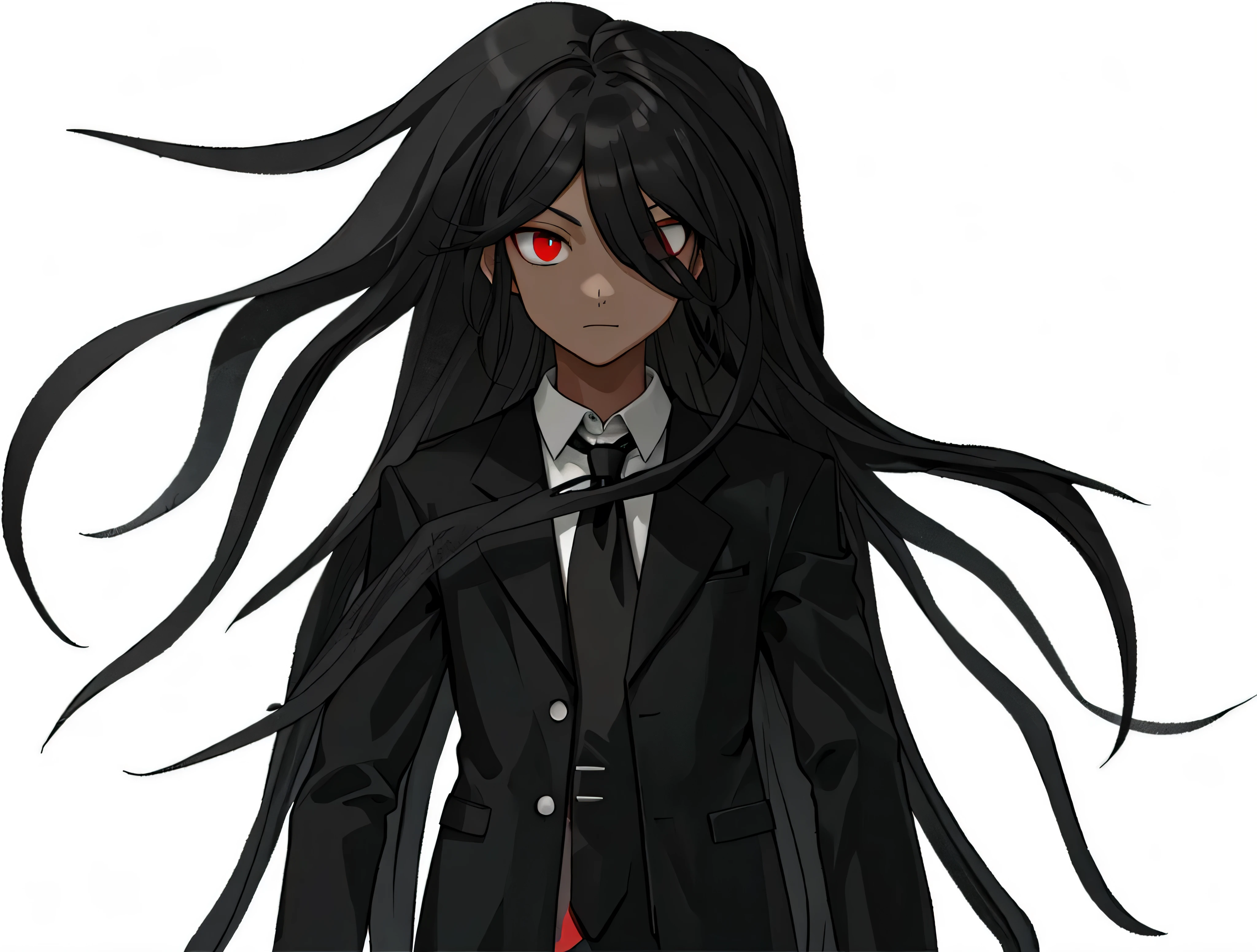 boy, black long hair, Red eyes, White shirt, black tie, black jacket, Gloomy look