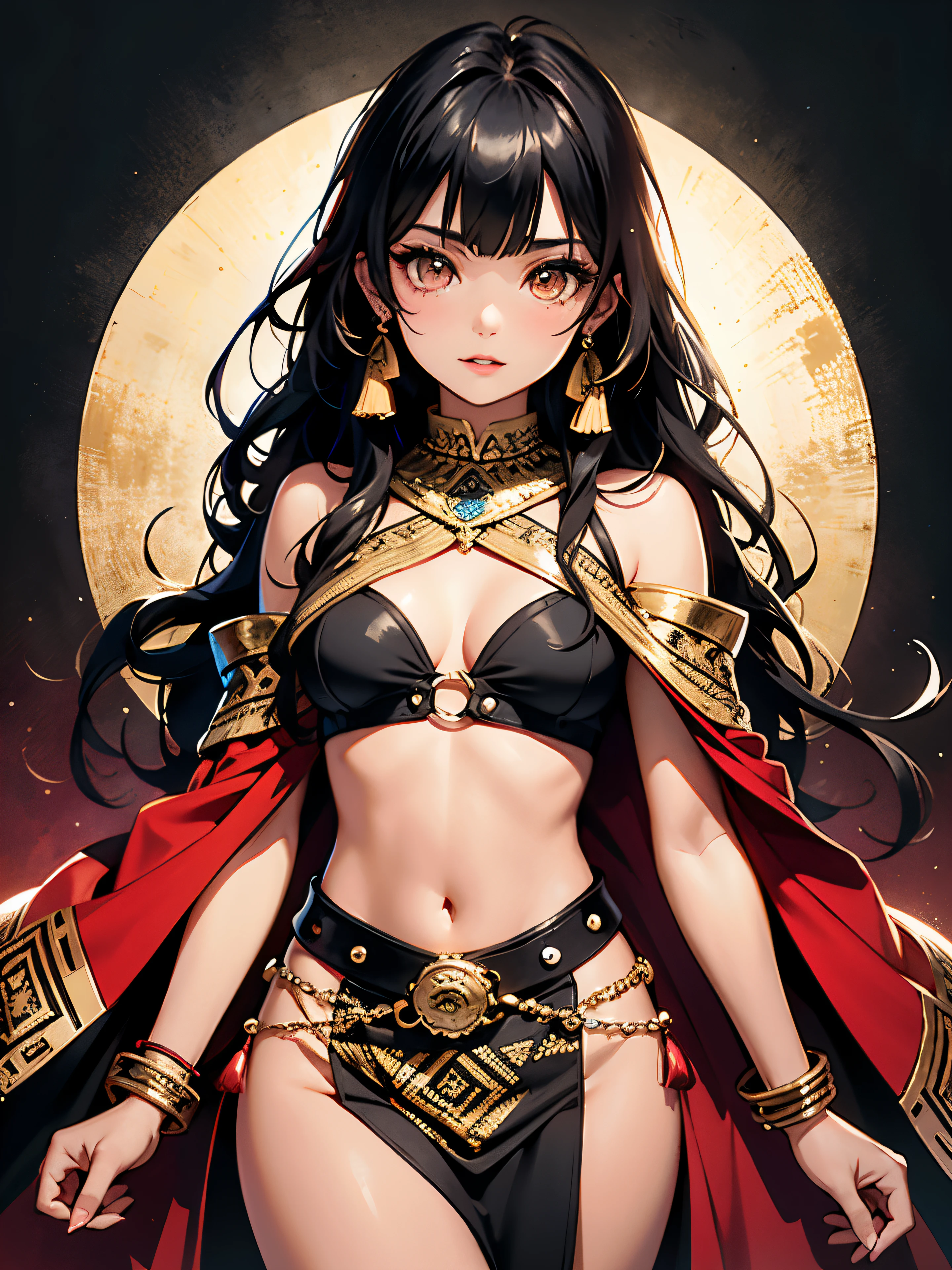 1girl ,solo 1girl,eautifull sexy woman, long black hair, sparkling gold eyes, eyelashes, glossy lips, parted lips, small breasts, perky breasts, perfect hips, perfect thighs aztec design, Aztec burlap poncho-tunic, red aztec border pattern, ornamental tassels, Ancient aztec city background, cinematic lighting, best quality, simple background, contrasting background, best quality, amazing quality, very aesthetic, absurdres