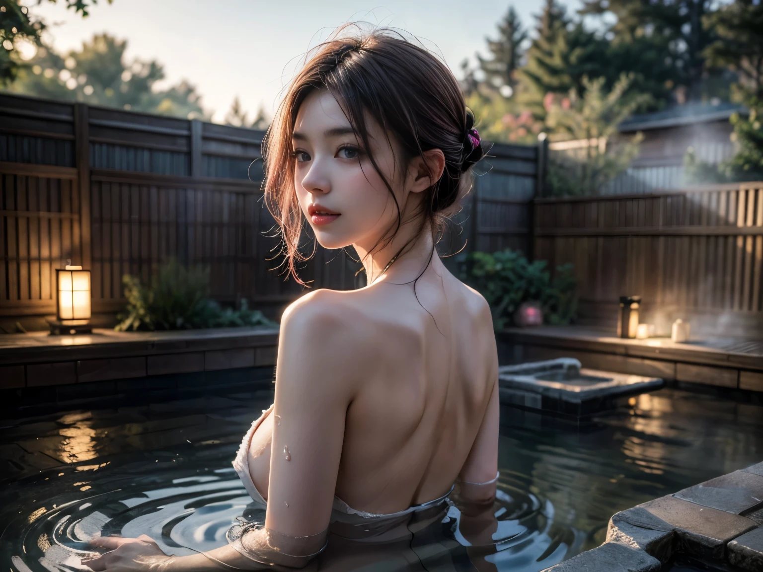 (best quality,4k,highres,masterpiece:1.2),ultra-detailed,realistic,photorealistic:1.3, (2 girls:1.4), (two japanese girls, beautiful detailed blue grey eyes,beautiful detailed lips, pink hair, beautiful face with soft skinice, bare body, busty posture), towel draped, (soaking in the natural onsen:1.4), clear water with reflection, (covered with snow:1.2), wonderful background, (back view:1.2), cool colors, volumetric lighting, dreamy vibe, daylight, photon mapping, foggy atmosphere,