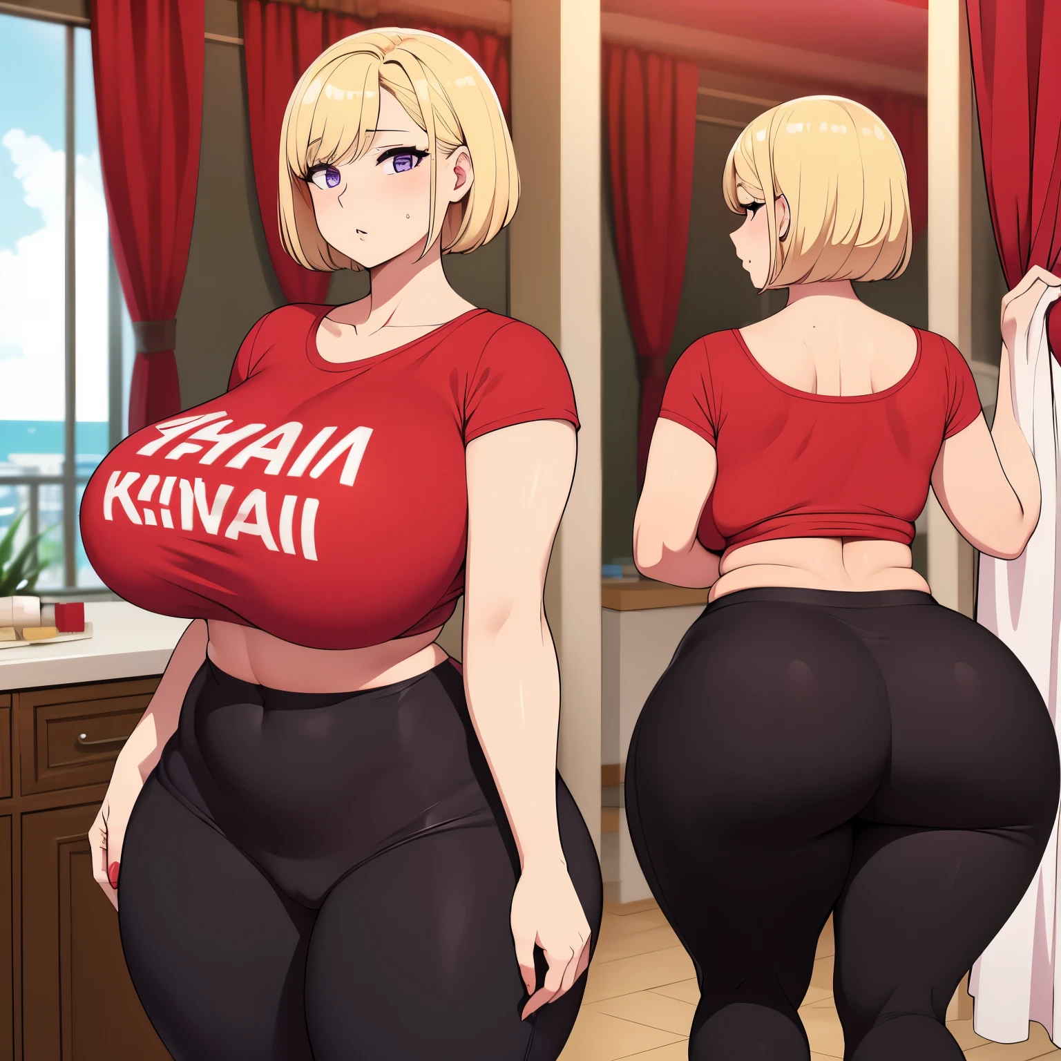 Peach skinned milf woman, she has short blonde hair, she has big soft breasts, she is wearing red t-shirt crop top that says “mama”, black leggings with flower design, she has wide hips, very big thick thighs, big butt, very curvy, voluptuous, she is behind the curtain at clothing shop, purple eyes