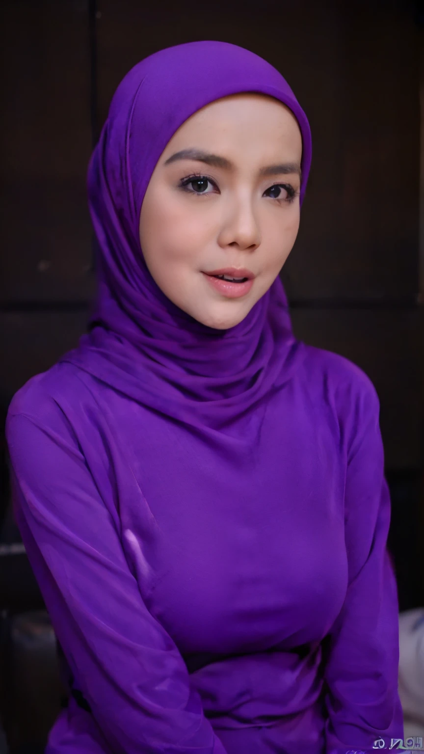 ((Realistic lighting, Best quality, 8K, Masterpiece: 1.3)), Clear focus: 1.2, 1 malay girl, Perfect body beauty: 1.4, Slim abs: 1.1, ((light purple hijab, Big breasts: 1.3)), (Wearing ultra-thin light purple transparent underwear: 1.4, light purple stockings: 1.2,), (Outdoor, night: 1.1), City streets, Super fine face, fine eyes, double eyelids, hands on the head, lying on the bed.