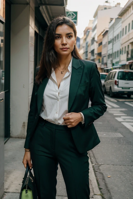 Imagine you are an expert in character description. I need to create a character for a story I'm writing. The character is a 48-year-old Brazilian woman who has 1.65 metros de altura e pesa 68 quilos. Ela tem loira, cabelo ondulado nao muito longo, tamanho ate o ombro. Por favor, Describe her appearance, ela veste um traje formal, black tailored pants, blazer branco e camisa verde, and make sure the description is vivid and detailed to give a strong visual impression of it.
