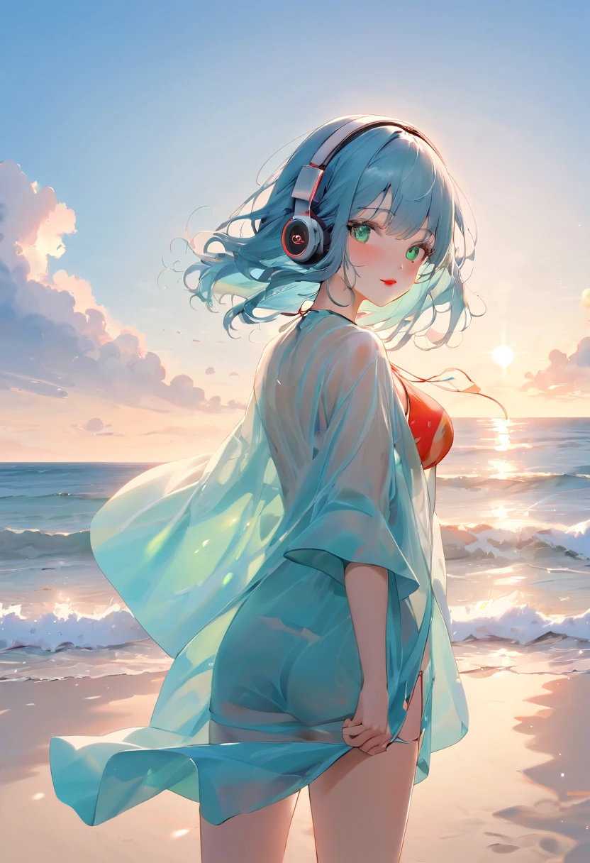 A woman with long cyan-blue hair is walking on the beach, looking back and reaching out for you to join her. She's dressed in a tropical-colored swimsuit cover-up and bikini, sporting red lipstick and a slight blush, she is wearing headphones. She has green eyes, shining with Life. The weather and lighting are serene, with a clear sky and small clouds above