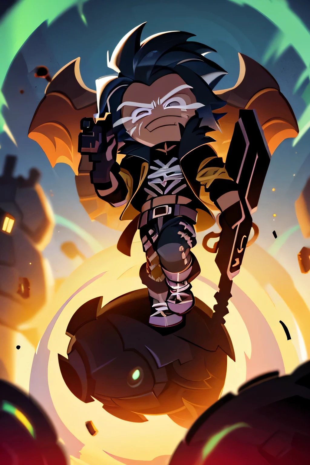 dark colors, creative, apocalypse, crazy, giant gun, crazy short hair, street clothes, boy
