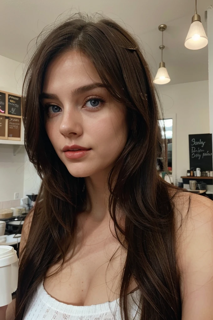 a portrait shot of an brunette 20 years old girl taking coffe in a coffe shop with a neutral-toned white background, red lips and blue eyes. Lighting should emphasize the details, especially around the eyes and lips. Hair should appear natural, flowing loosely and slightly tousled. Facial expression should be relaxed and confident. Image should capture a soft and serene ambiance, with the focus b