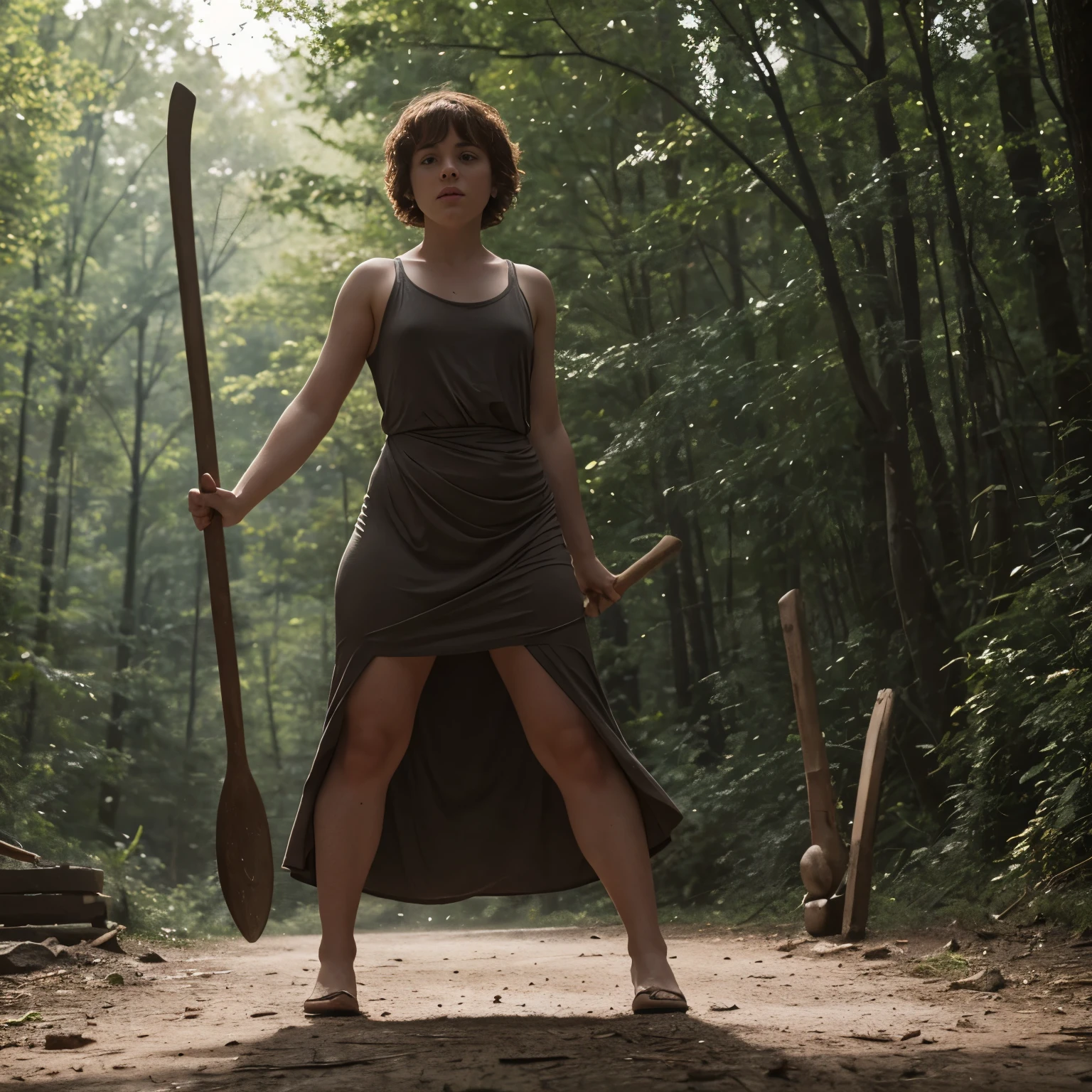 Sophia Lillis, thick muscular body, thick thighs, long tight flowing dress, swinging an ax against a goblin, Full body shot