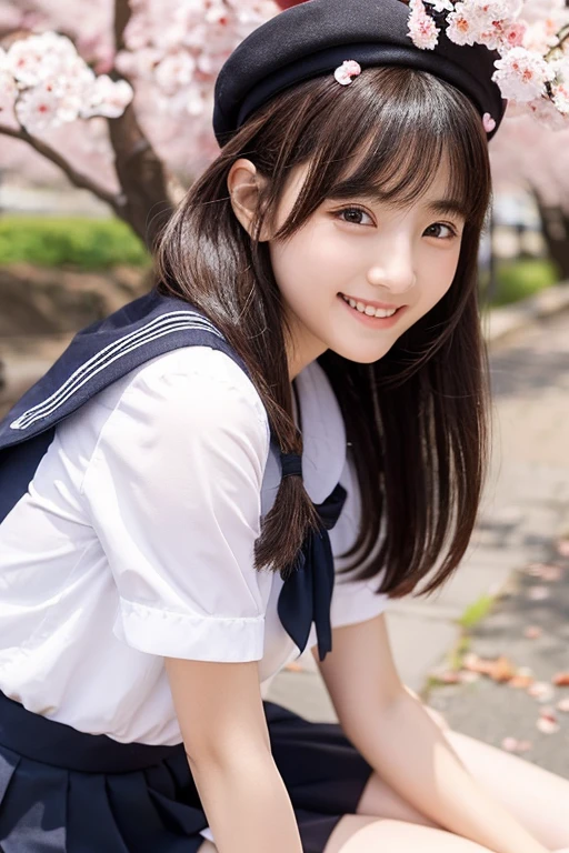 1 girl、Upper body、Naughty smile、Real like a photo、shortcut、under the cherry tree、black sailor suit、black stockings、beautiful girl、16 years old