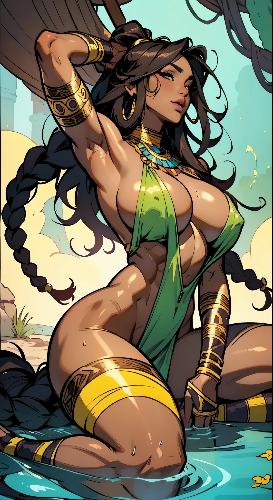 (dark brown skin:1.3), (most beautiful woman:1.4), beautiful detalied face, hig-res face, girl indian from ancient Egypt,monster girl, remember the hindu gods, intricate eyes, beautiful detailed eyes,symmetrical, nude girl from ancient Egypt, 1girl, (large breasts:1.4), saggy breasts, twin braids, tight braids, long braid, braided hair,(nude tribal girl sitting naked), a beautiful helpless girl with slimy snake-like tentacles coiling around her body, a lot of tentacles crawling over her skin, tentacles penetrating her ,Tentacles surrounding the body, lay down to the ground, wet , wet skin, sexual pleasure, sexual extasy, full body wide shot, best quality, Wild Xavante India, extreme tanned skin, full body image, extreme long black straight hair messes over naked , huge macaw blue parrot feather headdress, East Asian original art character design, 1girll, Solo, Gray-haired, full bodyesbian, hair adornments, mythology,epic fantasy art, big cheeks, long legs, curvy, indigenous yellow and green breast painting, breast painted blue and yellow, indigenous yellow and green facial painting, Long hair, full body image centered around the buxom young miller's exceptionally attractive with big breast and reavling exposed cleavage with wide hips and narrow waist and exuding an alluring and voluptuous physique that radiates warmth and sensuality, cheerfull and happy expression on her face, hyper-realistic photography portrait, beautiful lips,detailed large eyes, Her eyes are a striking and inviting feature, realistic body details scar and fracture, extreme abnormally huge , erotic fantasy, tranquil flower princess with soft hair dancing in the wind and intricately braided. Her sweet face has puffy, kissable lips and stunning, highly realistic eyes, hires eyes, She is wearing delicately detailed colourful fabric of gossamer silk and satin, beautiful flowers of varying sizes and colors, with delicate flowers dancing in the wind and creating a dynamic and compelling image