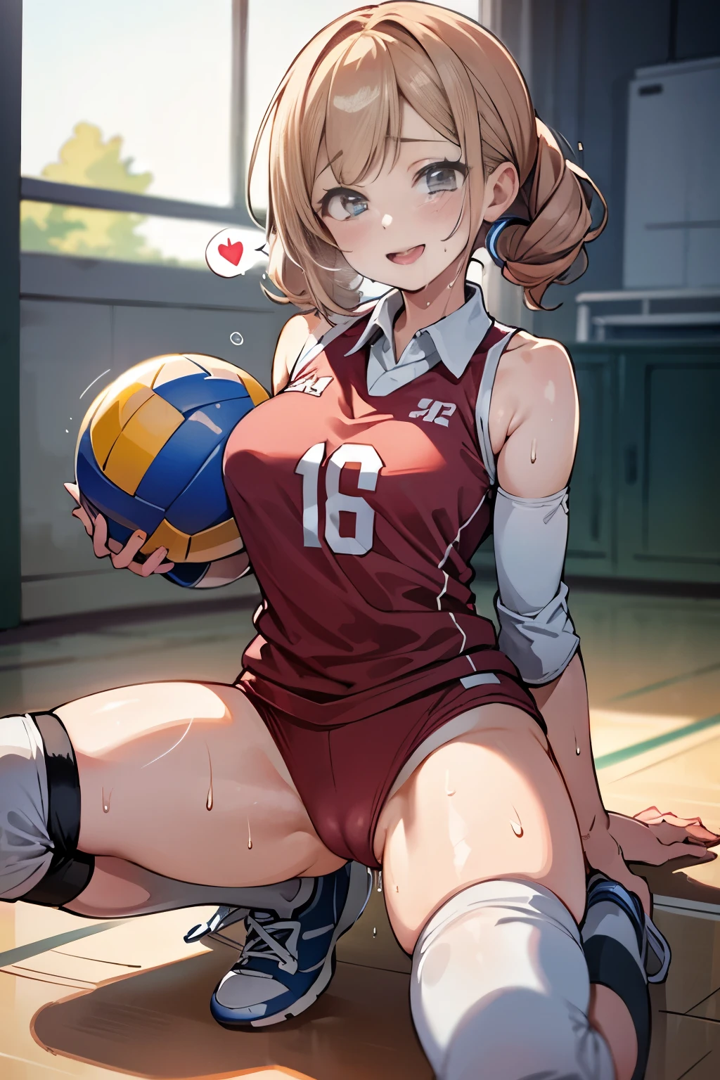 unity 8k wallpaper, anatomically correct, (((masterpiece))), (((best quality))), (((ultra detailed))), (((high-resolution))), ((Ultimate cutie)), perfect hands, perfect finger, (((good anatomy))), detailed beautiful face, shiny hair, (((gyaru))), (potbelly), (curvy), medium breasts, ((Thick thighs)), (((solo))), ((seductive smile)), (((blush))), (half open mouth),
BREAK, (((sit astride the perfectly spherical shape 6-inch volleyball))), (((Straddling a perfectly spherical 6" volleyball))), (((Perfectly spherical 6" volleyball fits perfectly crotch))), BREAK, (((Rub the Perfectly spherical 6" volleyball against crotch))),
BREAK, (Collared volleyball uniforms), sleeveless, ((buruma)), ((kneepad)), (pussy juice stained), (elbow pad), (((sweat))), (((covered in sweat))), ((deep breathing)), in Volleyball Court, indoor, lighting, looking at viewer, full body, (spoken heart)