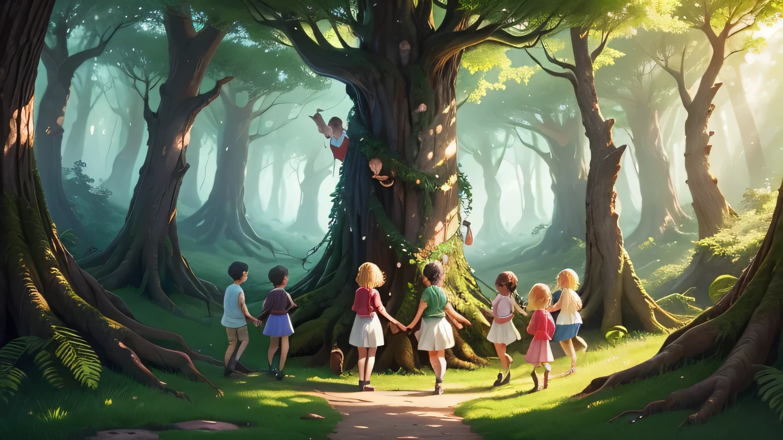 In the heart of the enchanted forest, a lively group of children gathers around an ancient tree. With admiration and enthusiasm, eles embarcam em uma jornada de descoberta, ansioso para descobrir os segredos escondidos da floresta. Rodeado por folhagens e sons da natureza, seus rostos alegres refletem a magia que os espera nesta terra maravilhosa.