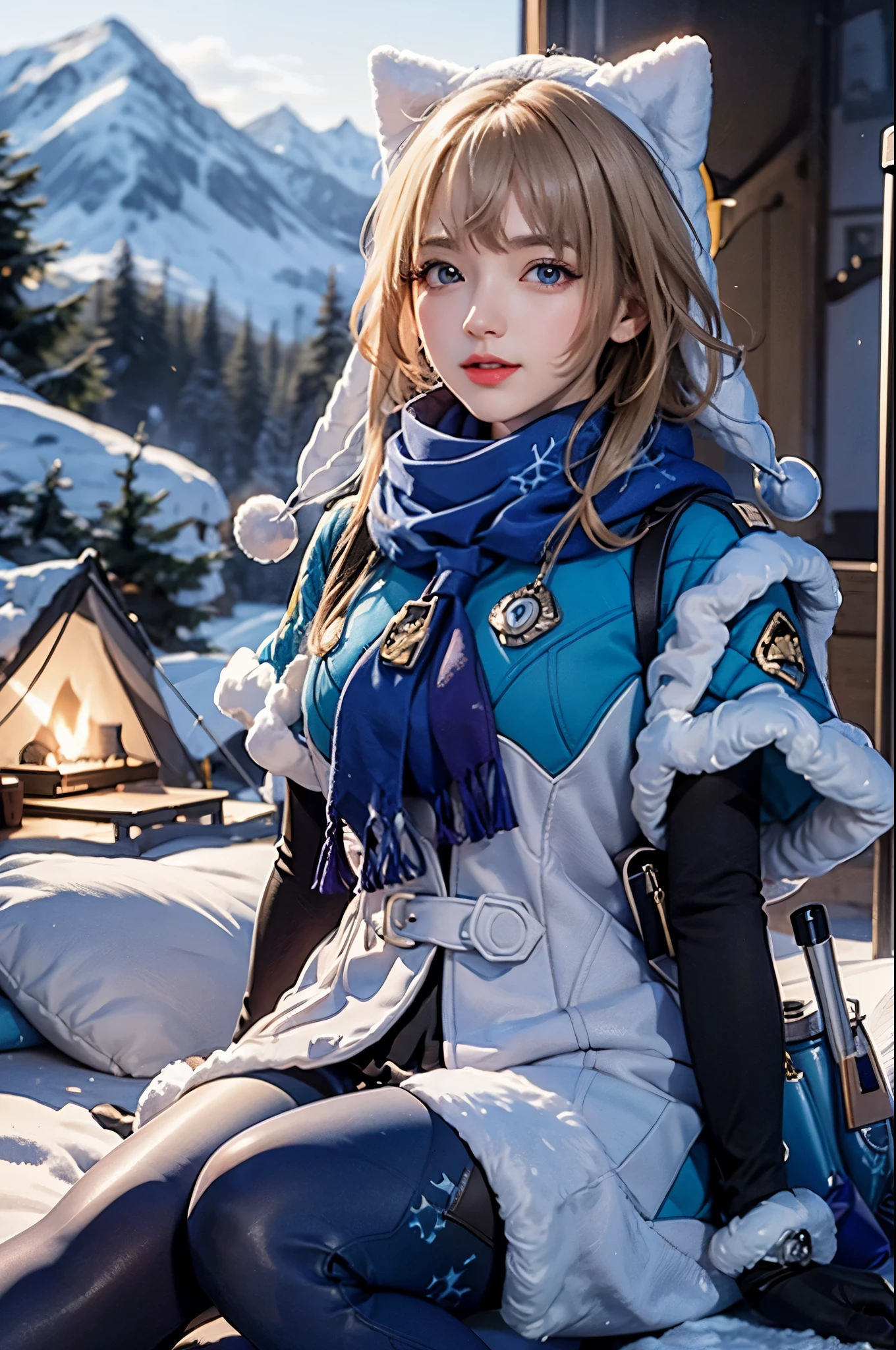 scarf, fur trim, winter clothes, fur-trimmed capelet, print pantyhose, pom pom (clothes), backpack, fur-trimmed boots, elbow gloves, camping, snowy tundra