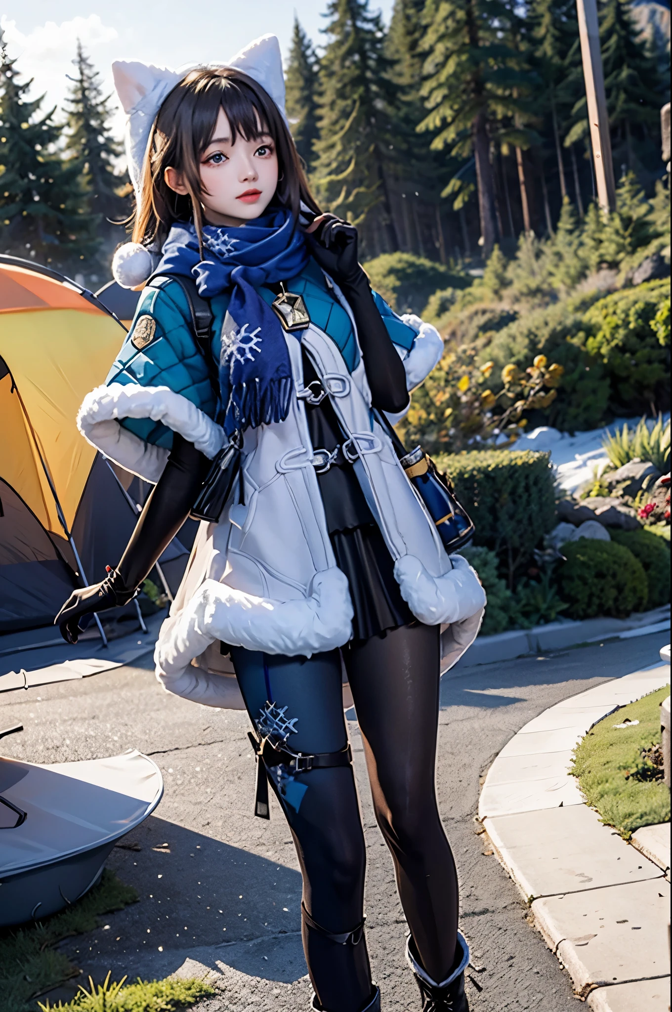 scarf, fur trim, winter clothes, fur-trimmed capelet, print pantyhose, pom pom (clothes), backpack, fur-trimmed boots, elbow gloves, camping, snowy tundra