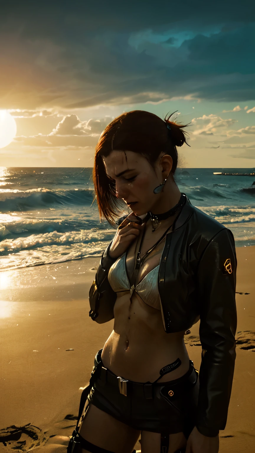 sad rich bussiness yooungg female cyberpunk,sad on a beach, sunny, crying, paiting, sun,, cyberpunk 