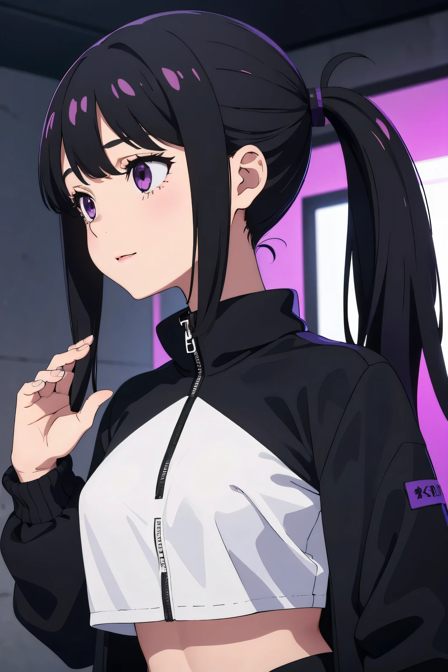 stitched forehead, female, night time cyberpunk city, neon lights, hd, highres