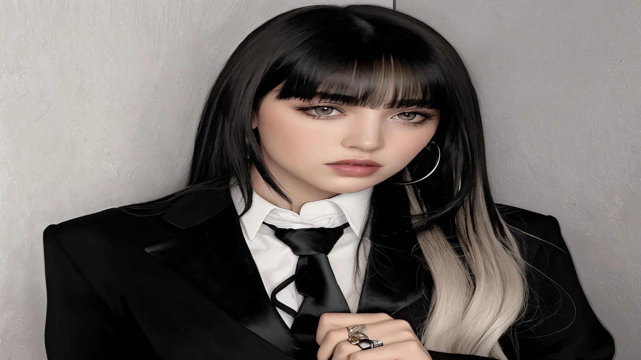 hay una mujer con cabello largo y negro vestida con traje y corbata, pelo negro y flequillo blanco, she has black hair con flequillo, cruel korean gothic girl, flequillo blancopelo negro, cabello con flequillo negro, retrato de jossi de blackpink, con flequillo completo, con flequillo, cabello con flequillo blanco, pelo largo y blanco y flequillo, flequillo negro