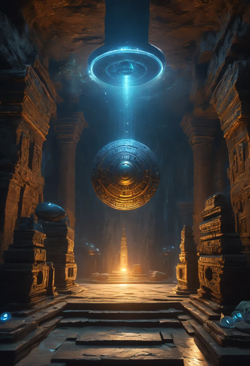 A wonderful underground cave, Alien civilization ruins, a mysterious tomb, Metal coffin, a treasure, Sparkling gold coins, terracotta warriors, antiquities, cultural relic, alien hieroglyphics, future technology, 诡异的magic力量, unknown cosmic energy, eye of control, Scan grid, epic, grand, octane rendering, Enhanced, complex, ((dark)),epic,8k,fantasy,Super detailed,magic, Cast spells,black hole,threaten,ridiculous,abyssal,magic阵,excess energy,science fiction,abyssaltech,dark energy,ethereal,desolving,perspective,abyss,Anti-tech,science fiction,Pure energy, (masterpiece, flagship artwork, official art, professional, unified 8k wallpaper:1.3), Super detailed, (actual, photoactual, photo-actual:1.37), human development report, ultra high definition, studio lighting, Ultra-fine painting, sharp focus, Physically based rendering, professional, bright colors, Bokeh.