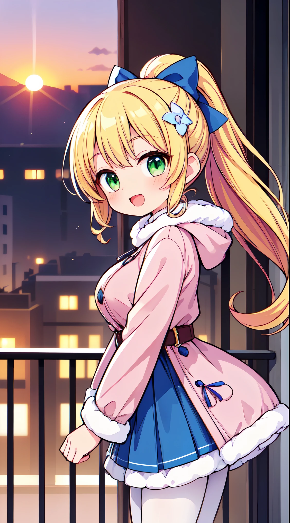 masterpiece, highest quality, 8k, ultra high resolution, highest quality, anime style, best writing, beautiful face, bob cut、drill hair, room, blonde, (big pink ribbon:1.2), green eyes, masterpiece, highest quality, Hinaichigo, (oversized light pink sweater:1.3), white ruffle skirt、blush、smile, stand, In front of the station, In town, small breasts, (very small height:1.1)
