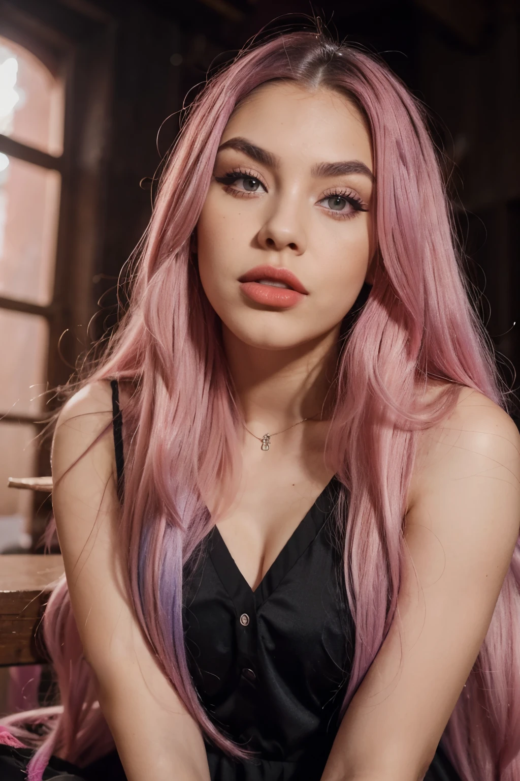 Mixed polish but more latina woman with long hair sticking out her tongue in a black dress, tongue out, long blonde hair and large eyes, duckface, a gorgeous , swedish woman, goddess ,saturated pink hair and large blueish eyes face, perfect girl, with long pink hair, instagram model, sexy girl with long purple hair, big lips, makeup, strong eyebrows, 23 years old, fit, only lip gloss, Thick red light red lips, madison beer, perfect girl, with soemthing interesing in her eyes, e girl, young , sharp face, not innocent face, strong pink purple hair , kittyxnacre maddie francesca type, she is in a lost aztec temple